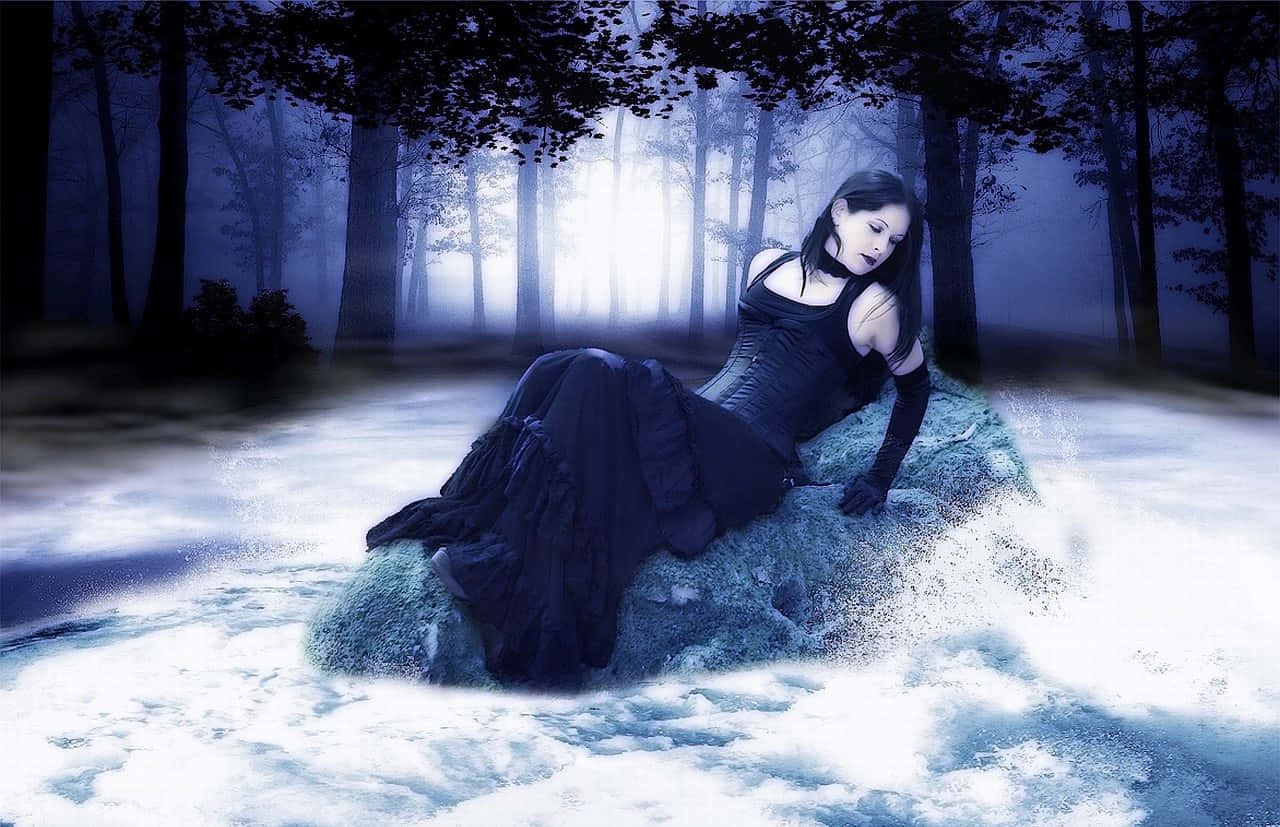 black gown, mossy rock, misty blue forest, HD Desktop Wallpaper