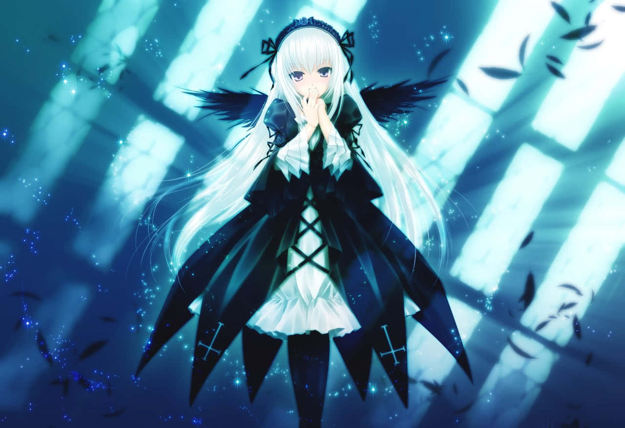 gothic fashion, white-haired anime girl, black wings, HD Desktop Wallpaper