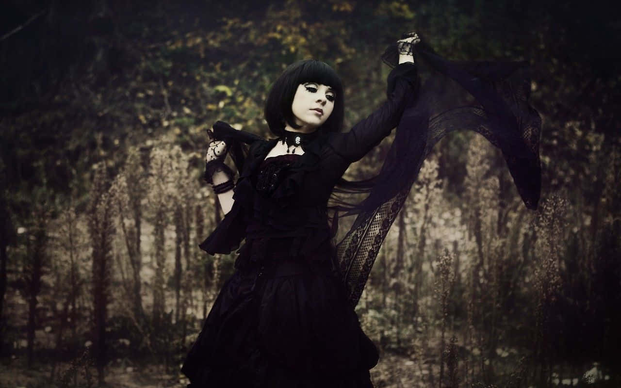 gothic woman, black lace dress, misty forest, HD Desktop Wallpaper