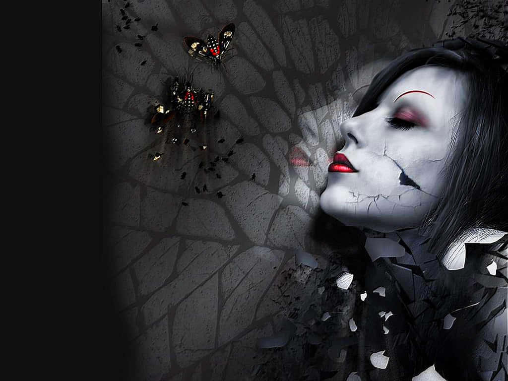 Gothic Fashion, cracked porcelain skin, red lips, SD Desktop Wallpaper
