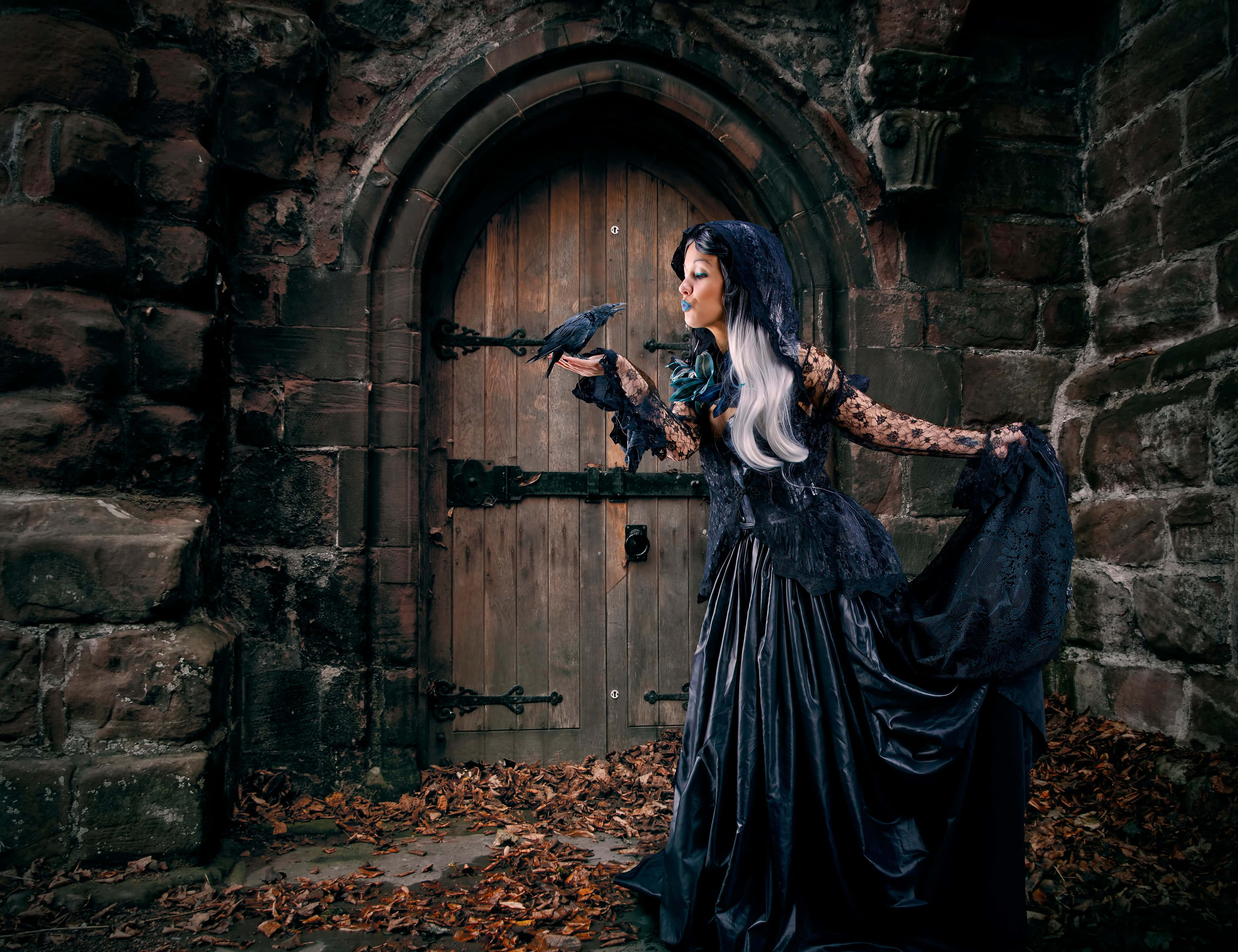 gothic woman, black lace gown, weathered stone archway, 4K Desktop Wallpaper