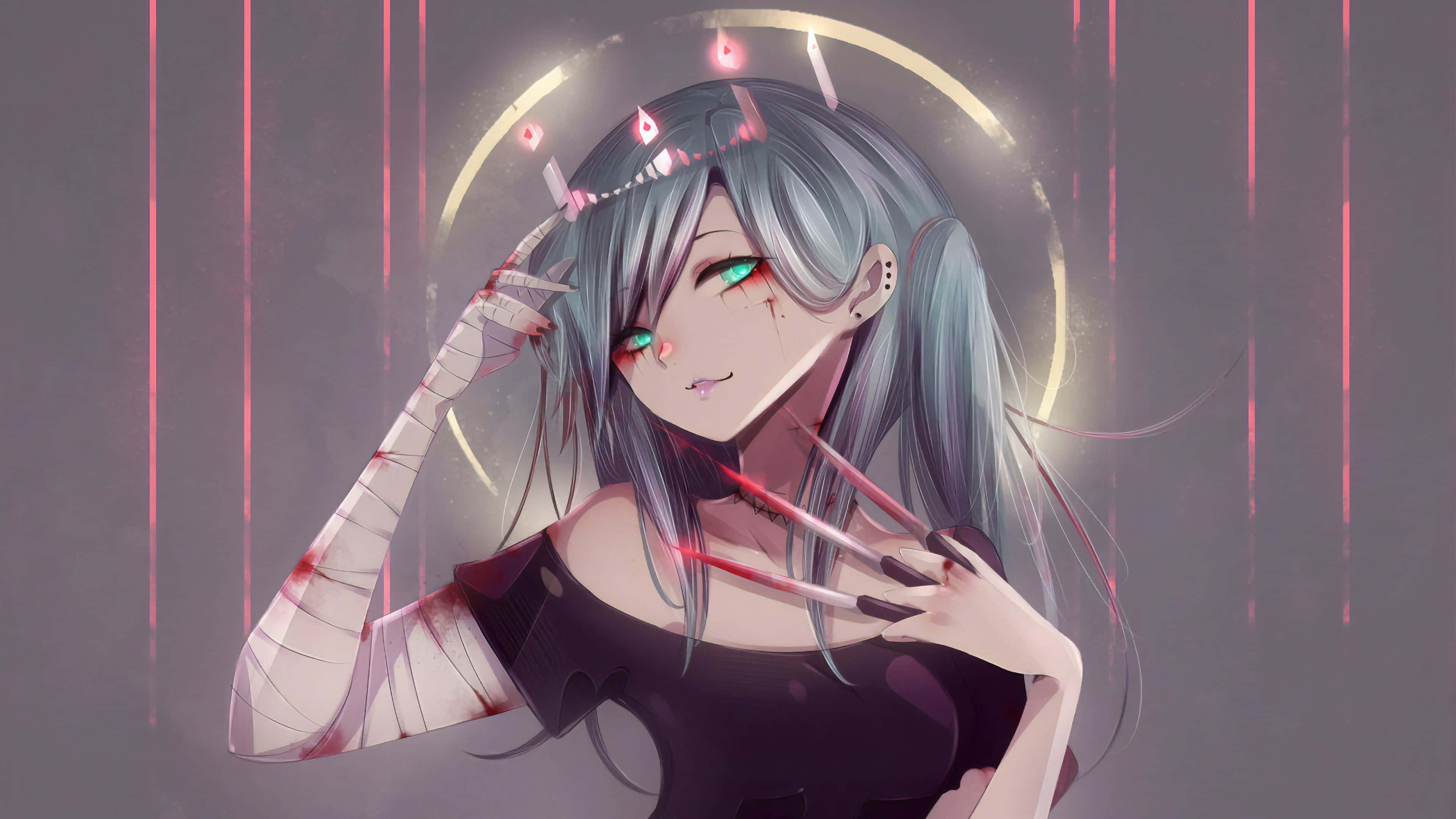 Gothic Costume Styles, silver hair, glowing green eyes, 4K Desktop Wallpaper