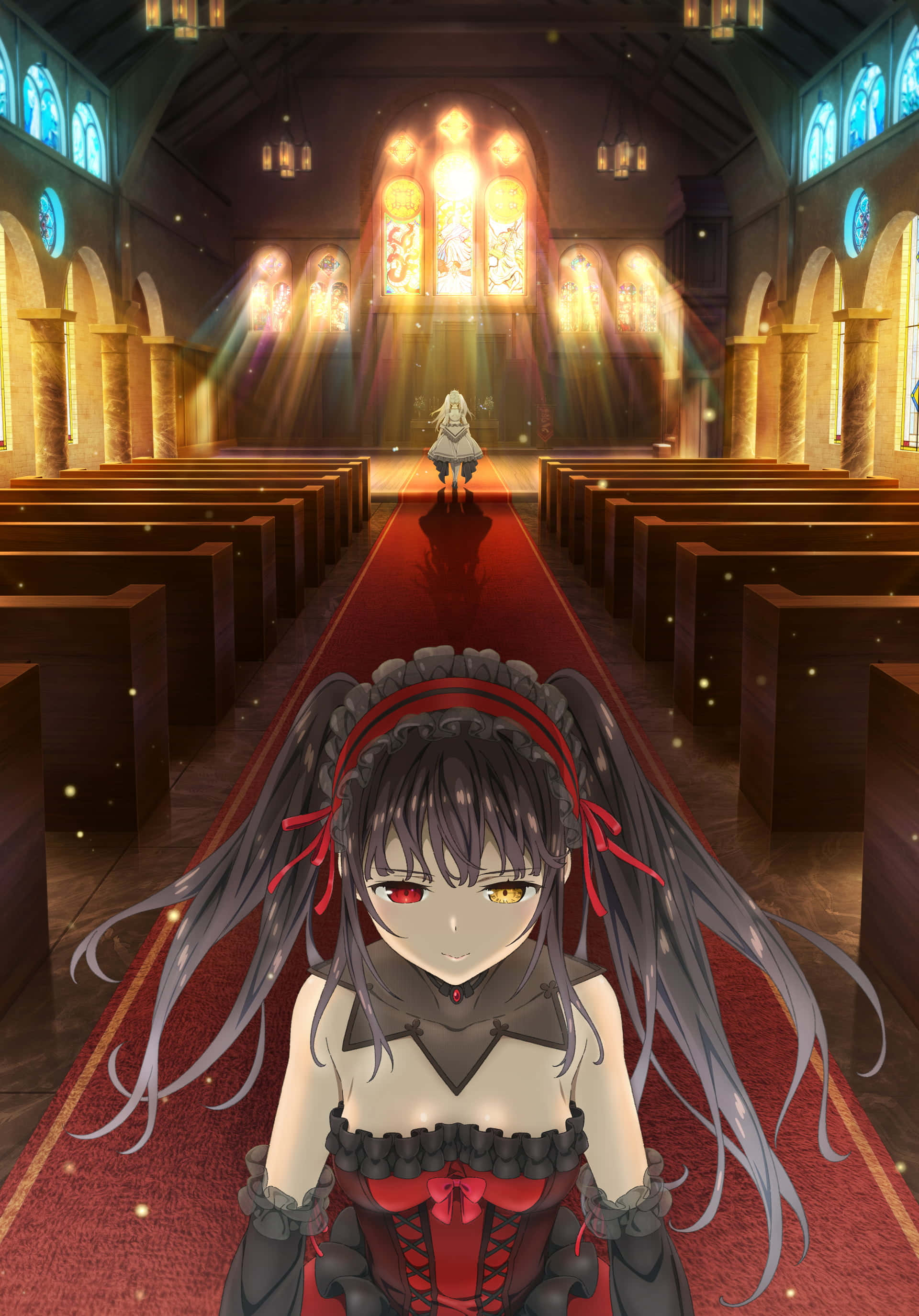 heterochromatic eyes, long grey hair, red dress, 2K Phone Wallpaper