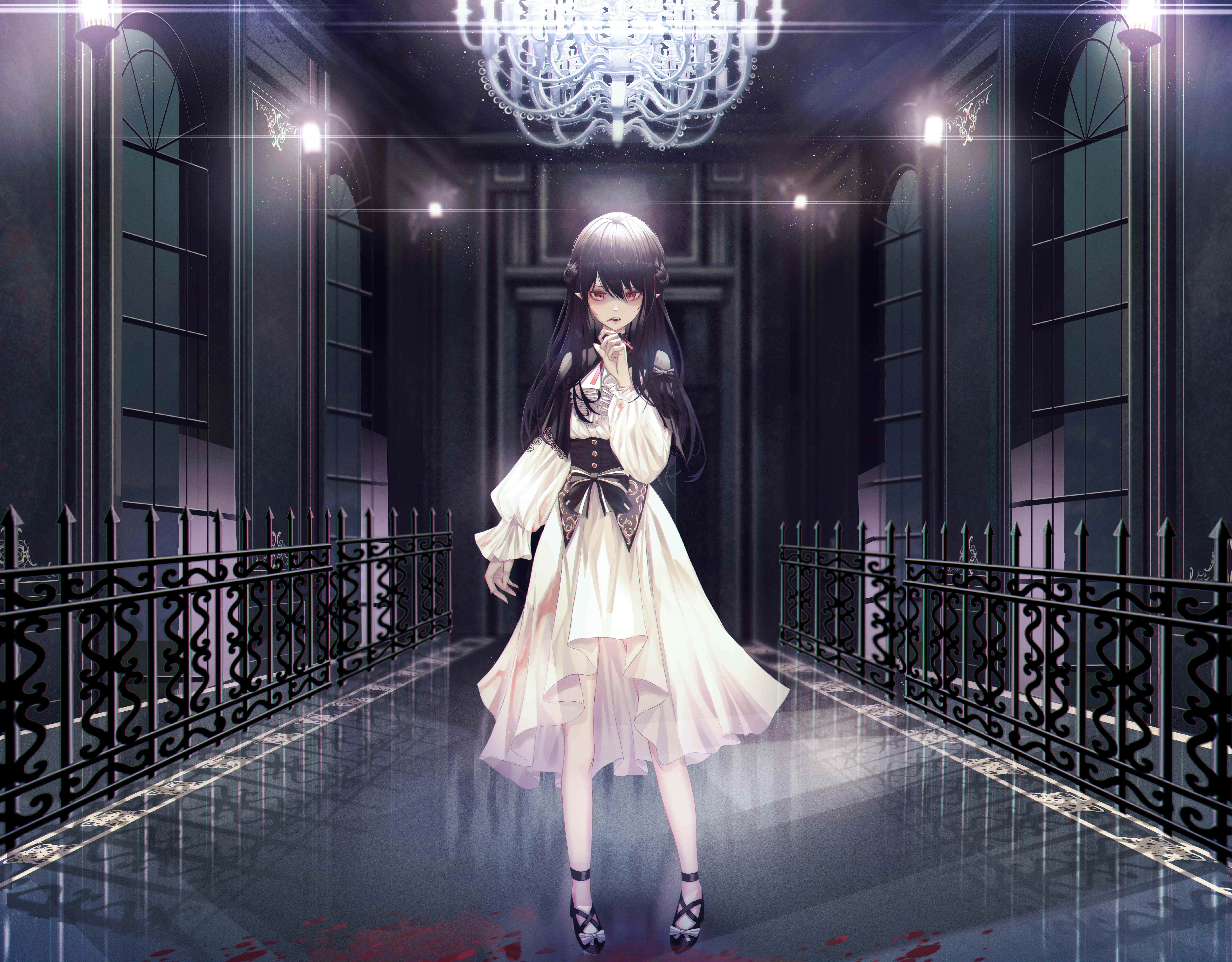 Gothic Costume Stormy Night, anime girl, flowing white dress, 8K Desktop Wallpaper