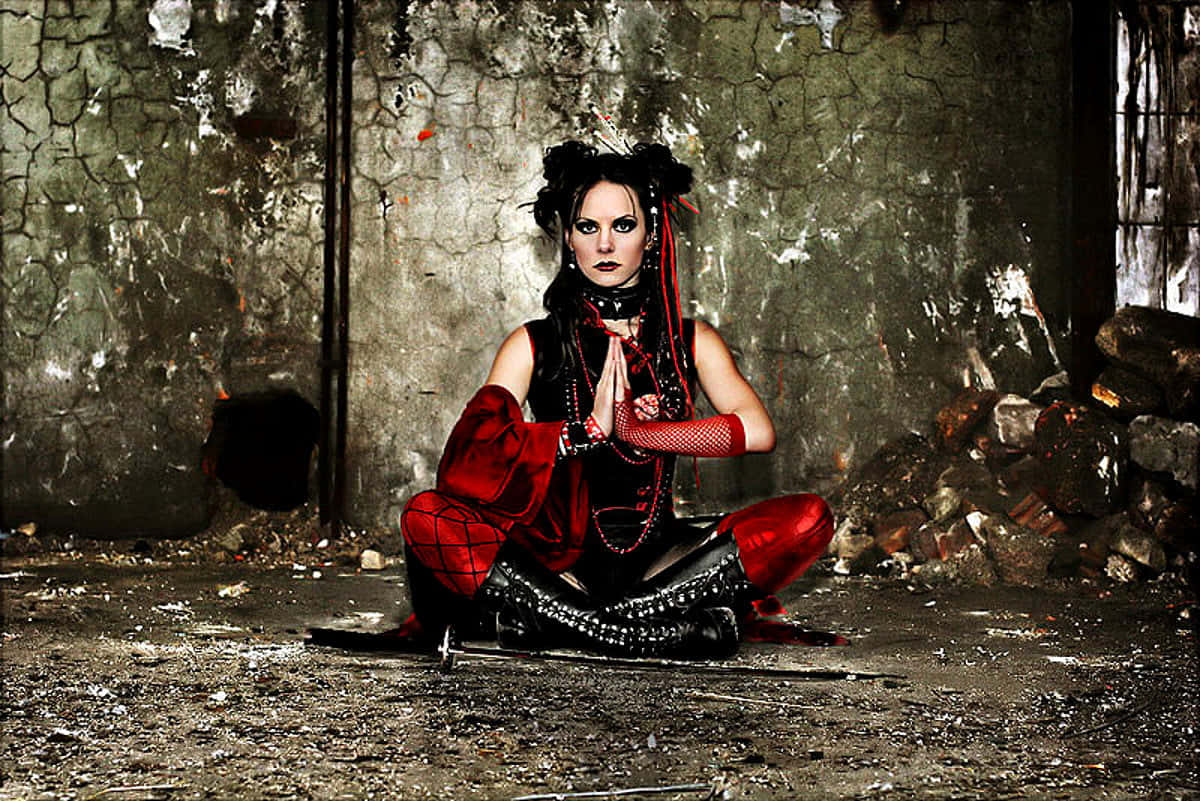 gothic fashion, red and black attire, ruined industrial space, SD Desktop Wallpaper