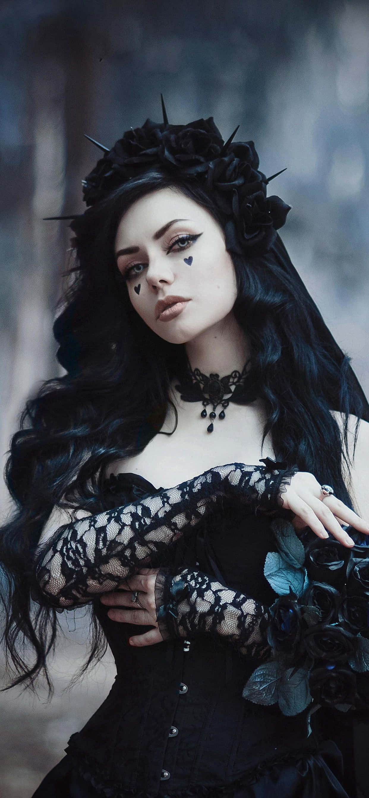 Gothic iPhone, black lace dress, rose crown, 2K Phone Wallpaper