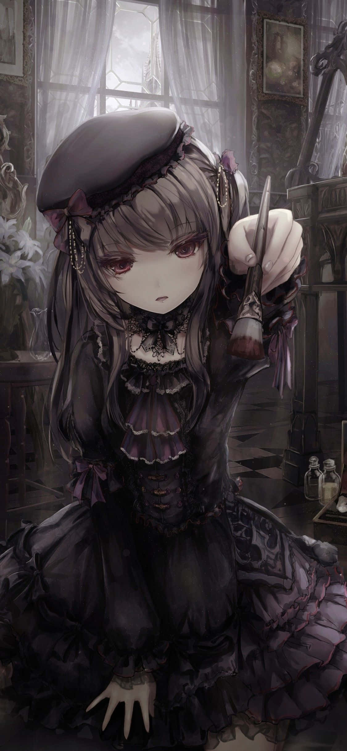 gothic anime girl, dark purple dress, vintage room, Full HD Phone Wallpaper