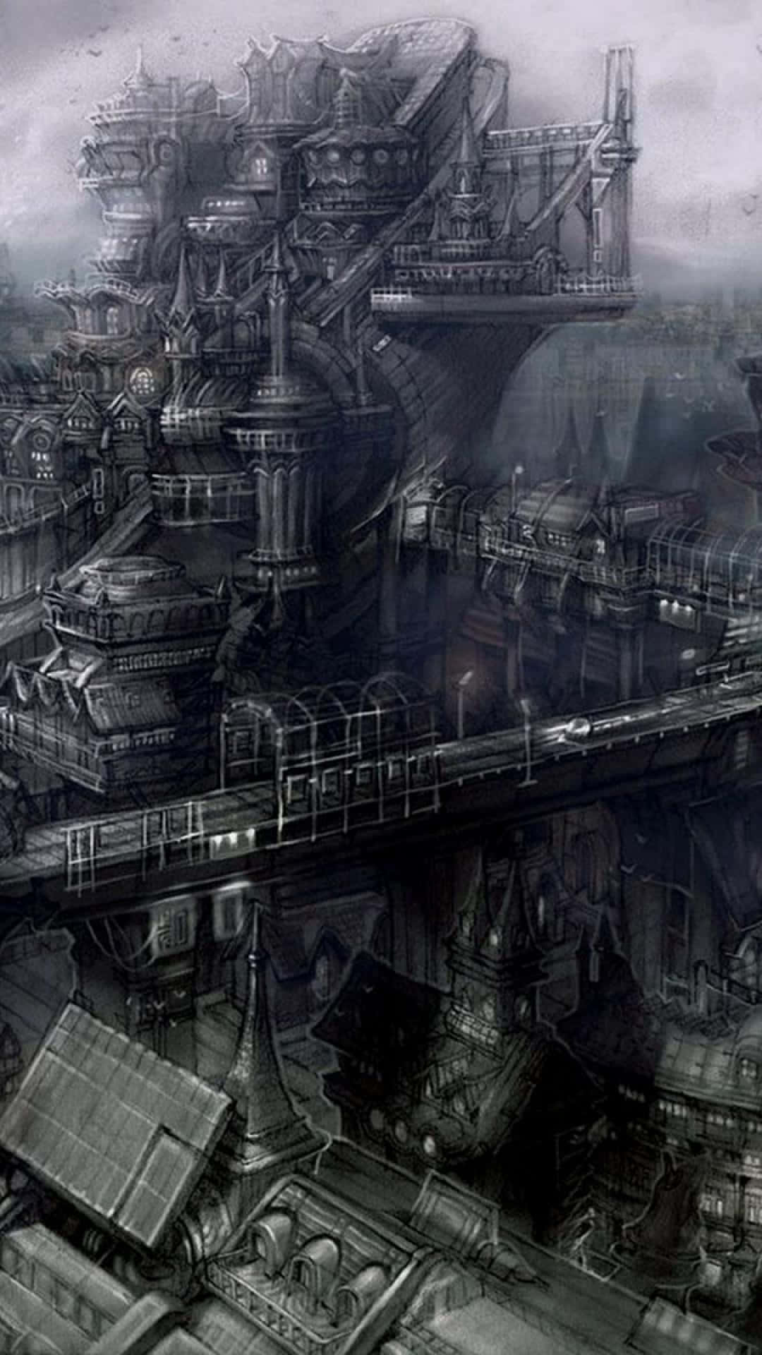 Gothic iPhone, black and white, fantasy city, Full HD Phone Wallpaper