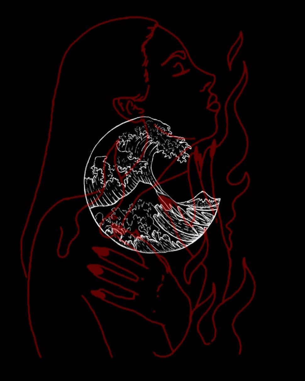 Gothic iPhone, red-lined silhouette, white circular wave, SD Phone Wallpaper