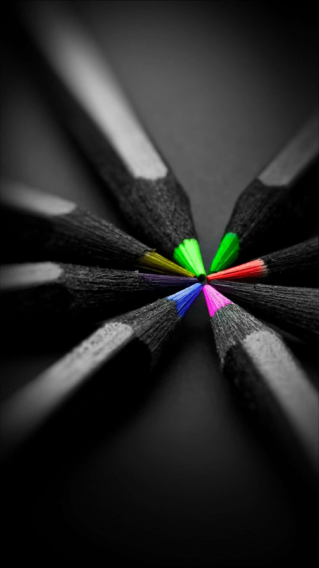 Gothic iPhone, vibrant colored pencil tips, stark black background, Full HD Phone Wallpaper