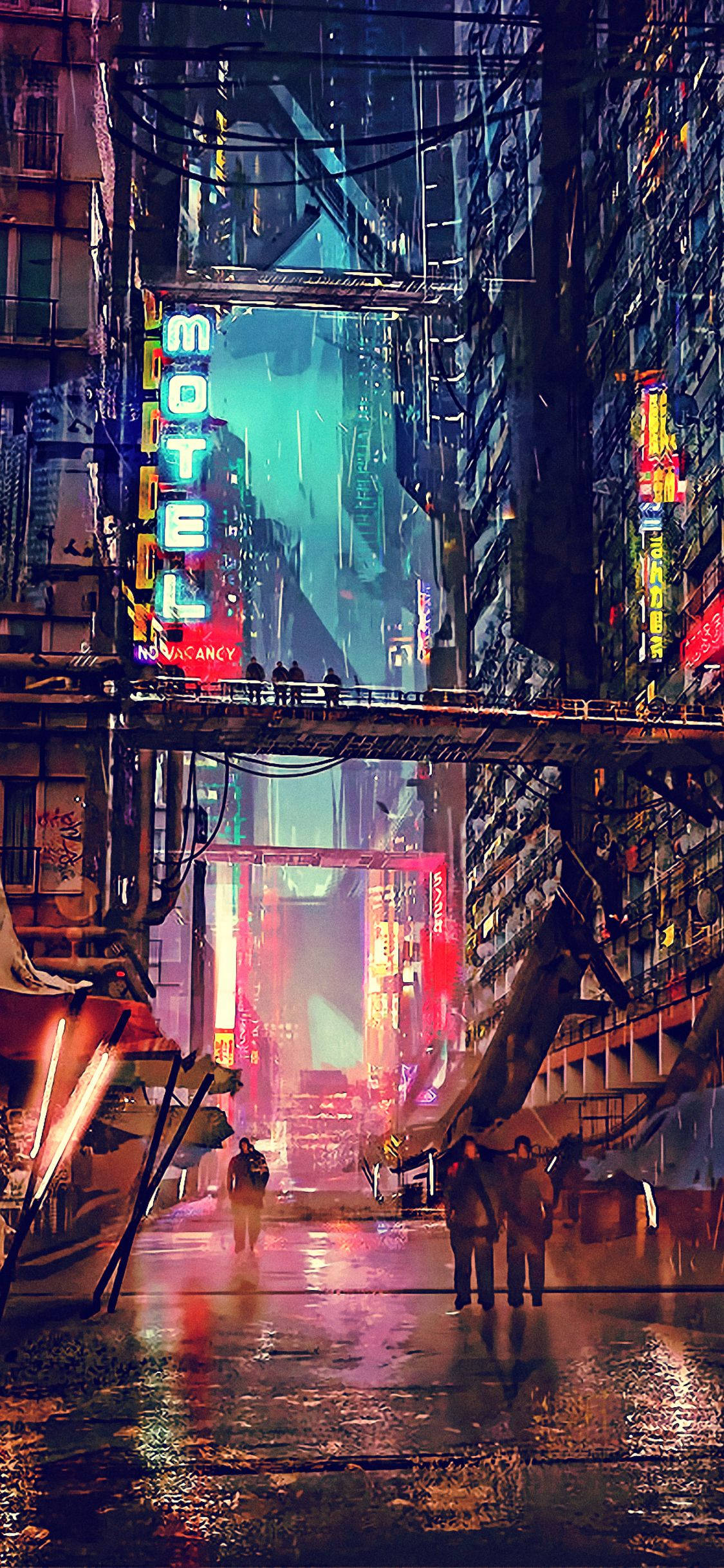 cyberpunk city, rain-slicked neon-lit alleyway, towering buildings, Full HD Phone Wallpaper