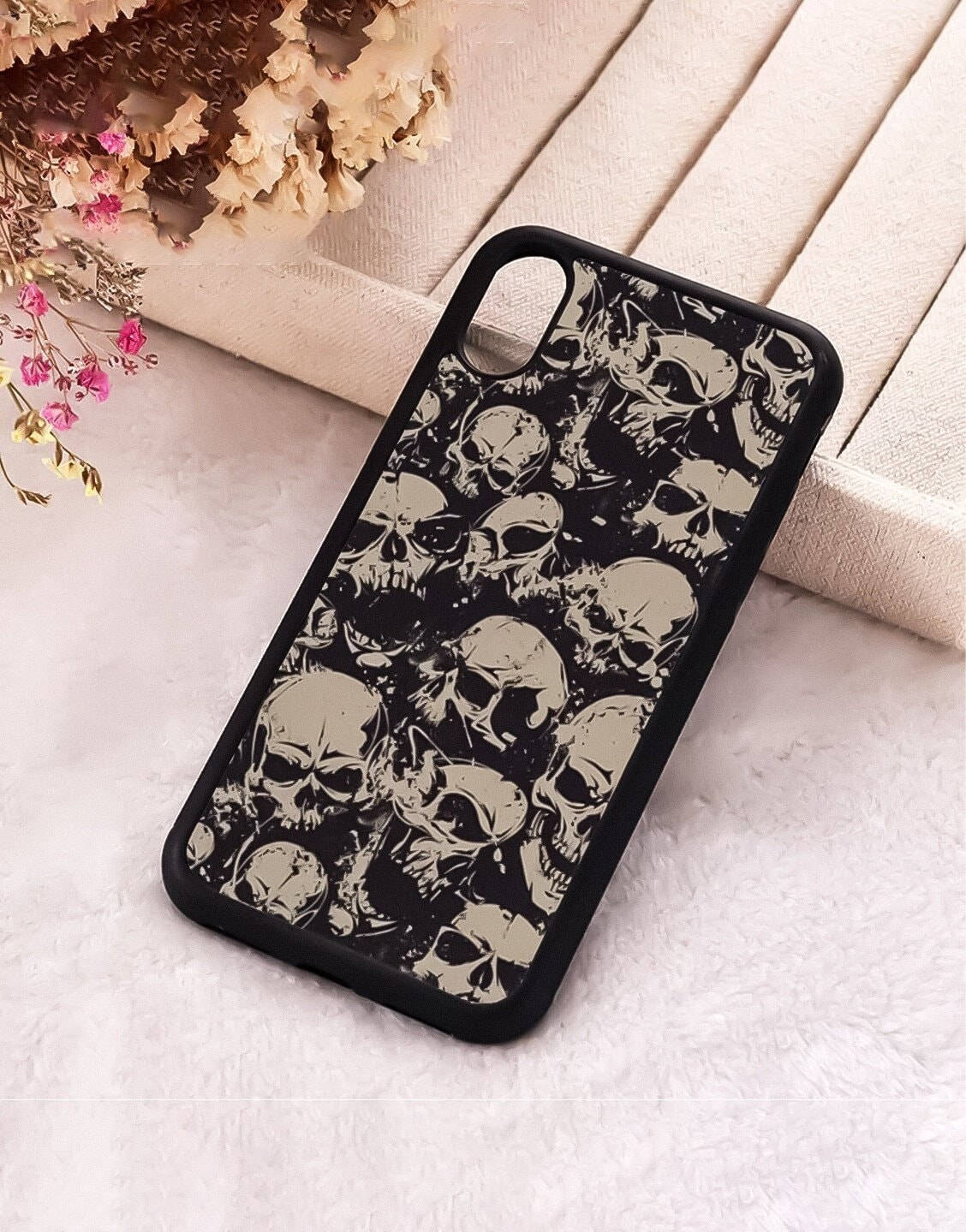 Gothic Phone Case, black phone case, beige skulls, HD Phone Wallpaper
