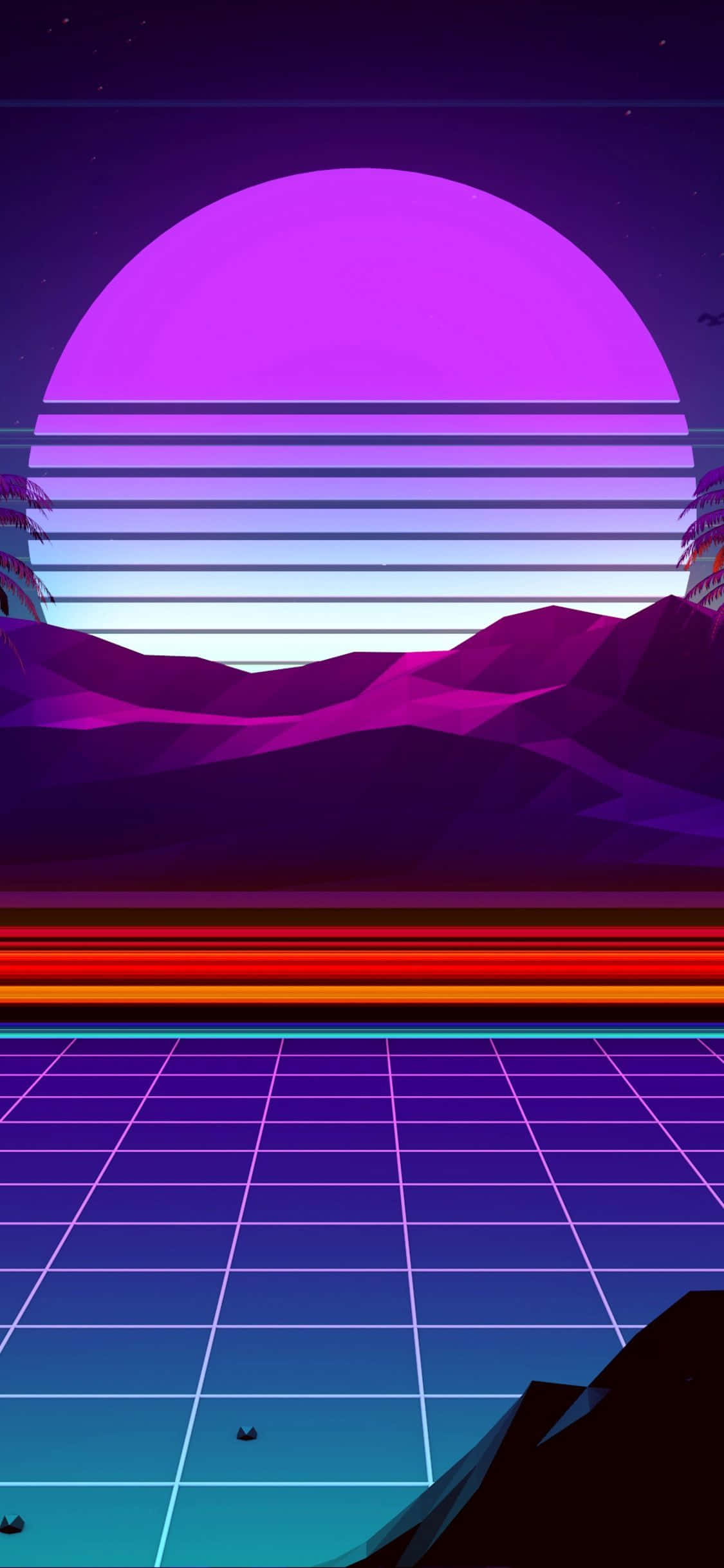 Retro iPhone, purple sun, striped mountains, Full HD Phone Wallpaper