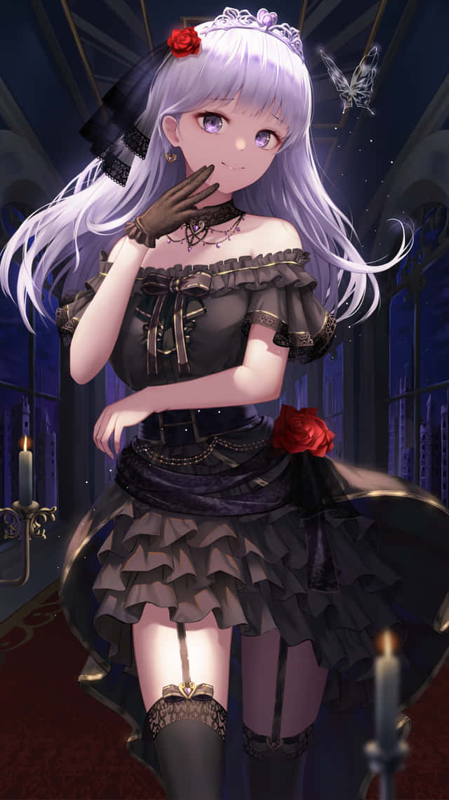 anime girl, gothic black dress, red roses, SD Phone Wallpaper