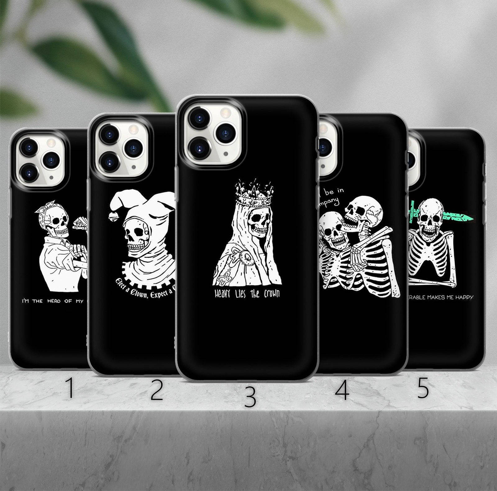 iPhone 11 pro, black phone cases, white skeleton illustrations, HD Desktop Wallpaper