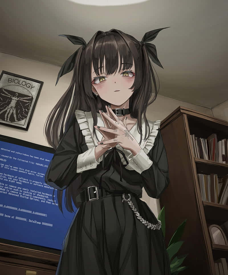 Blushing Goth Anime Girl, dark pigtails, gothic dress, SD Phone Wallpaper