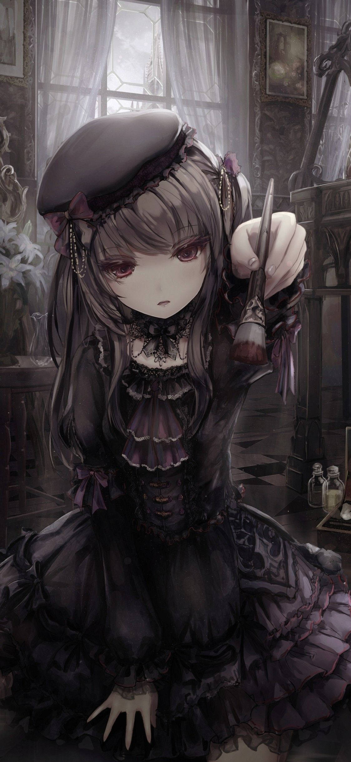 gothic anime girl, dark purple dress, vintage room, Full HD Phone Wallpaper