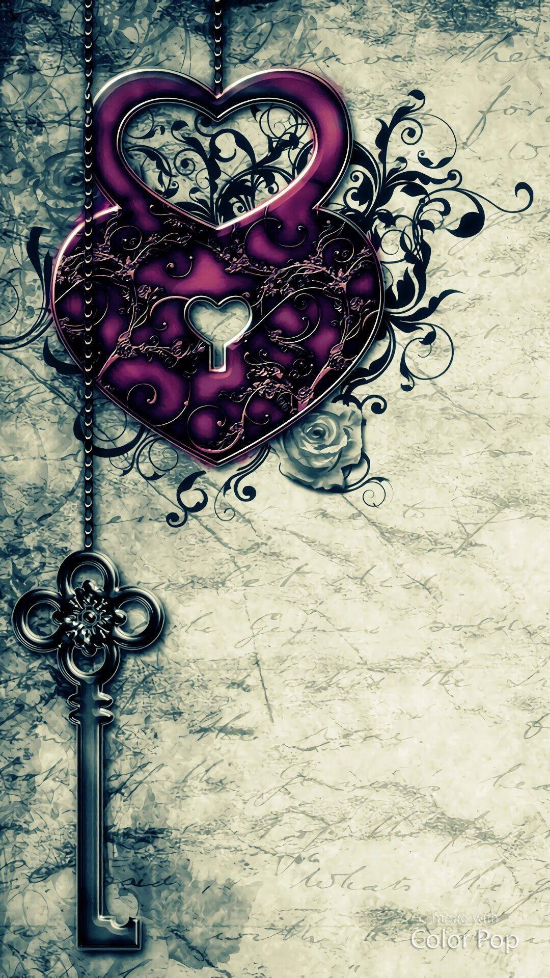 Gothic style, purple heart-shaped lock, silver key, Full HD Phone Wallpaper