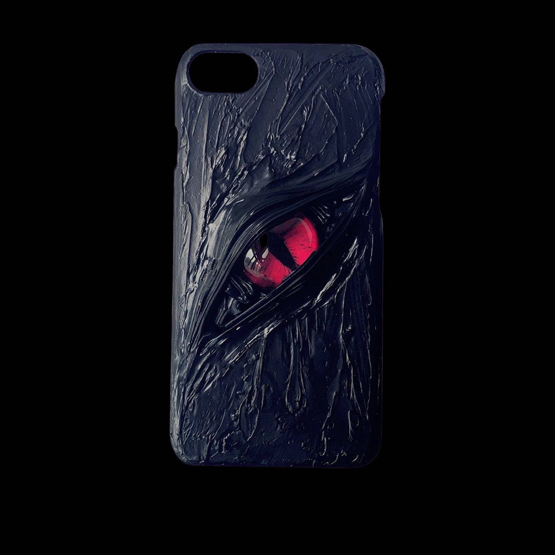 Gothic Phone, textured dark surface, glowing red eye, SD Desktop Wallpaper