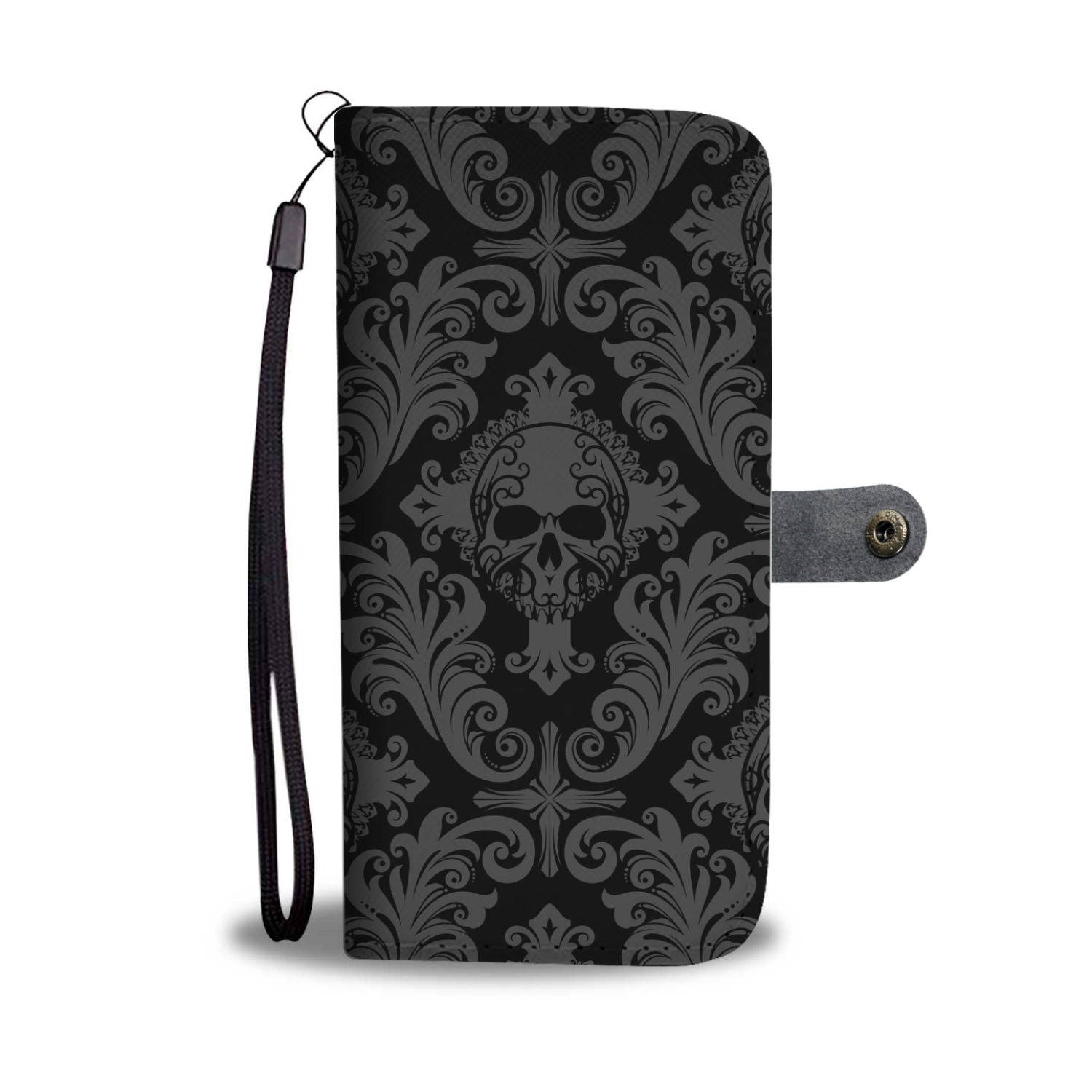 Gothic Phone, black wallet case, gray ornate skull pattern, HD Desktop Wallpaper