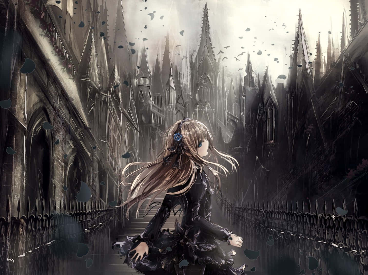 Goth Anime Girl, black dress, gothic alleyway, HD Desktop Wallpaper