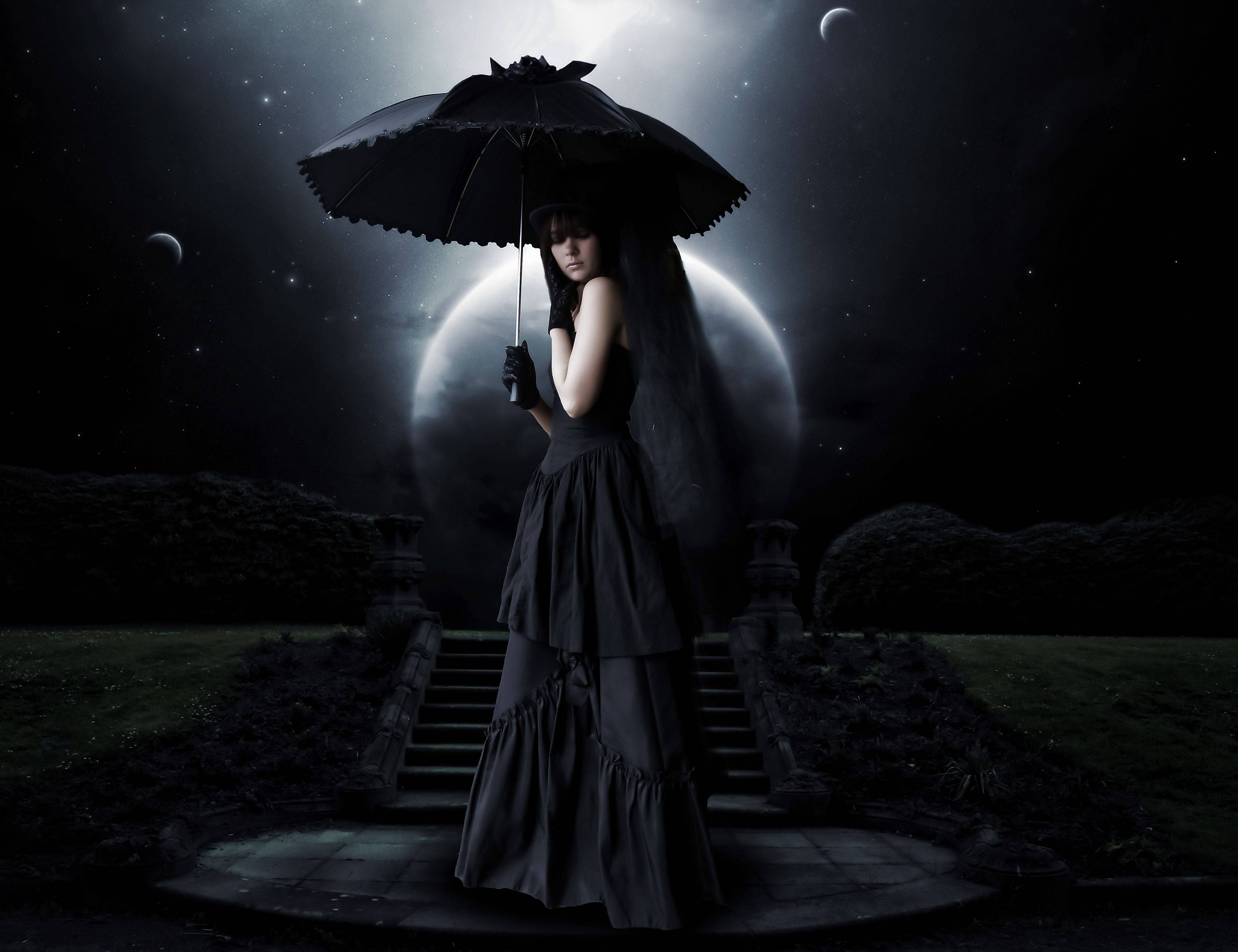 Gothic, black gown, black umbrella, 4K Desktop Wallpaper