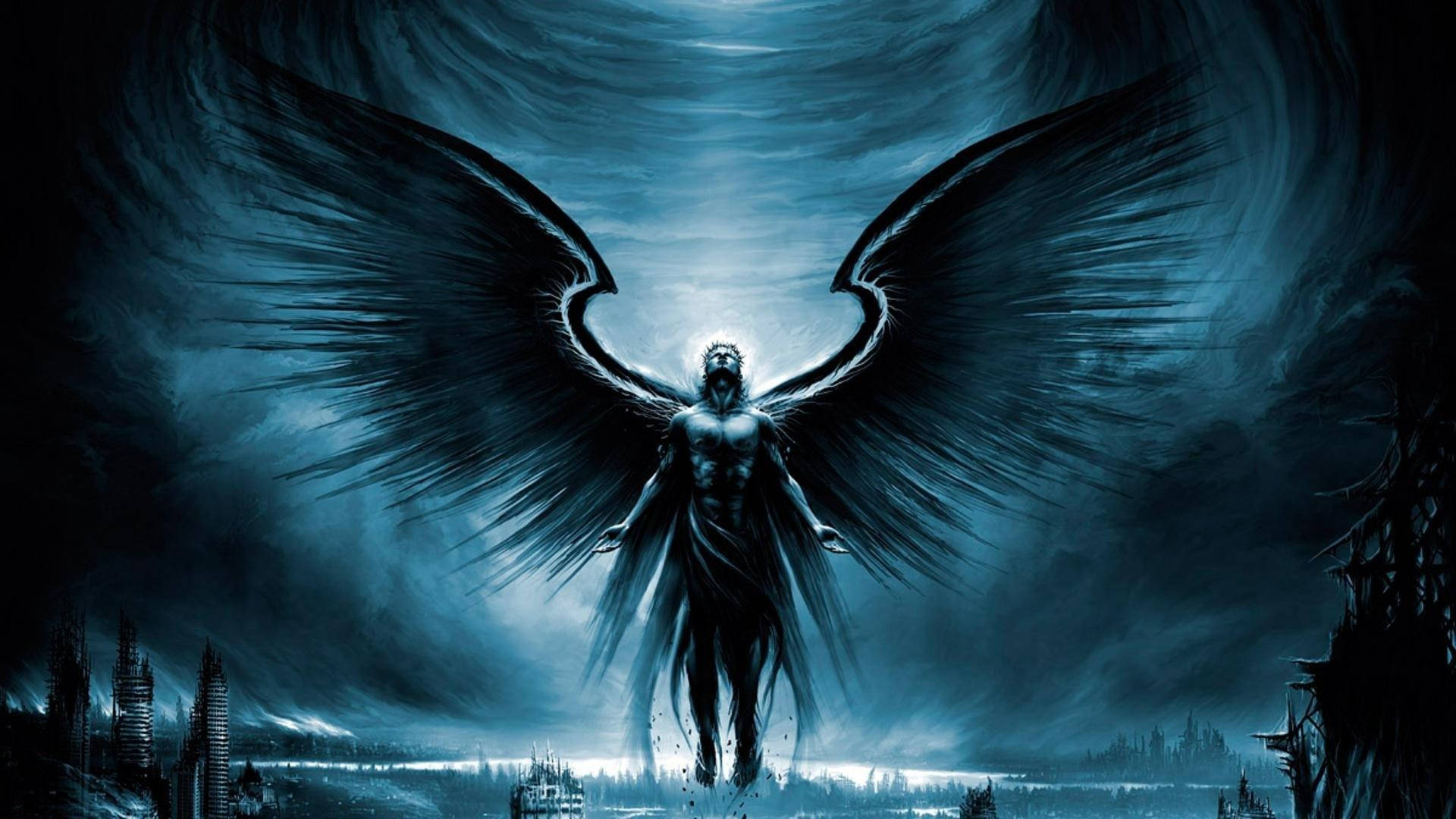 dark blue gothic angel, angelic figure, ruined cityscape, Full HD Desktop Wallpaper