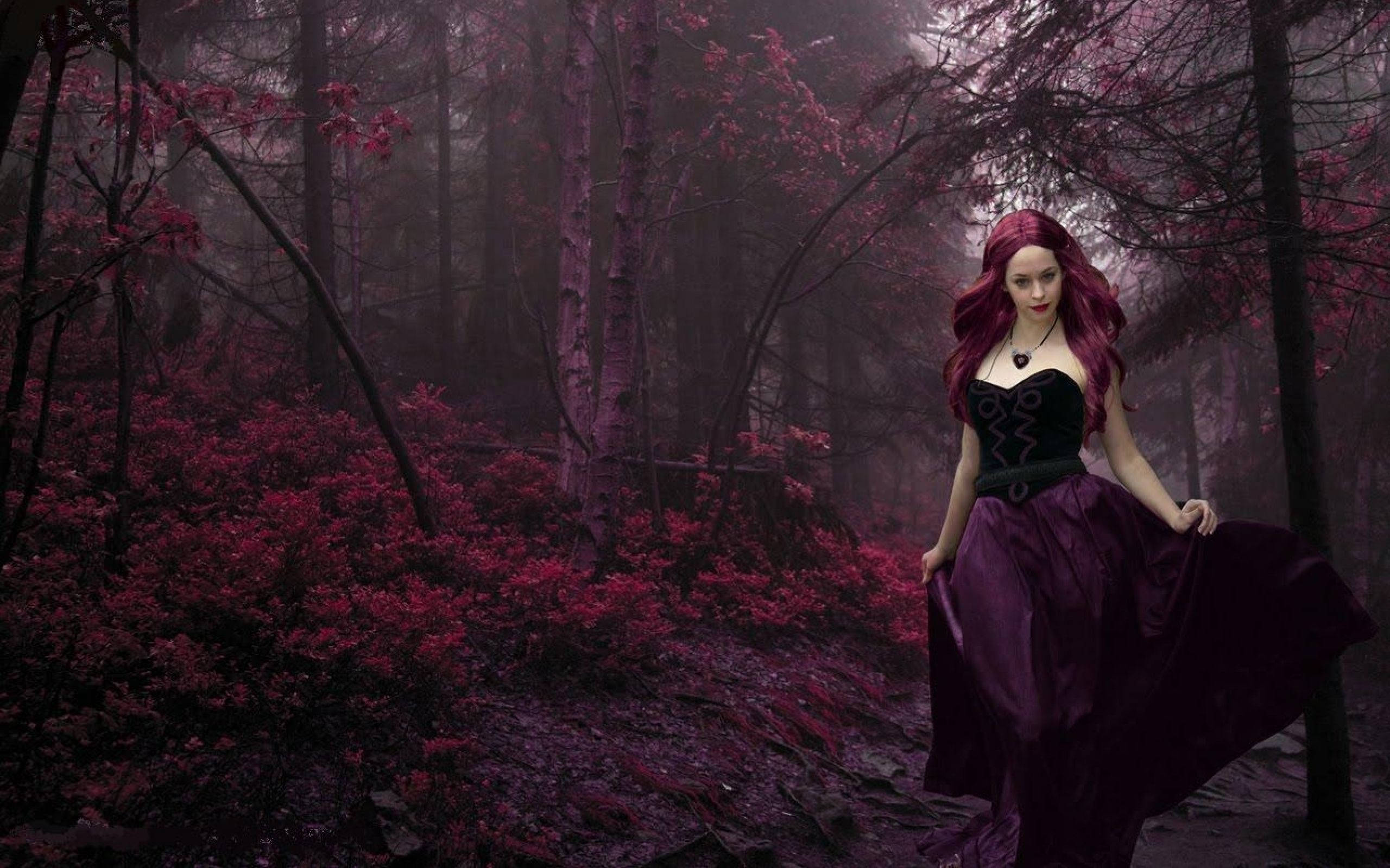 Gothic Girl, deep purple gown, misty forest, 2K Desktop Wallpaper