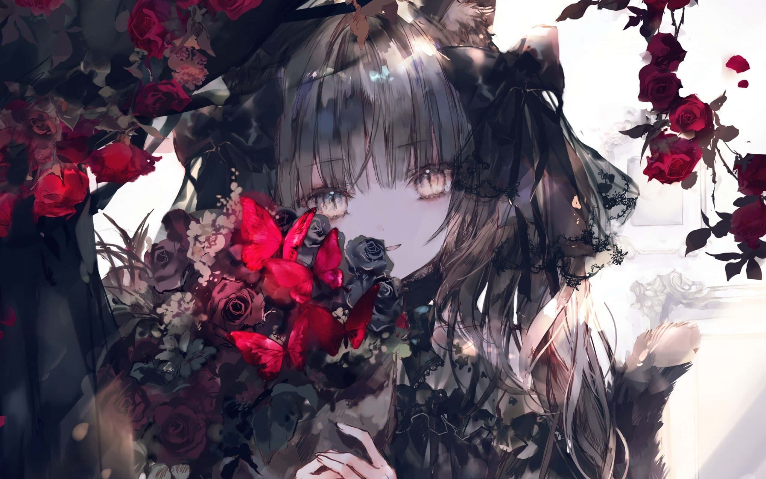 Gothic Anime Girl, grey hair, red eyes, 2K Desktop Wallpaper