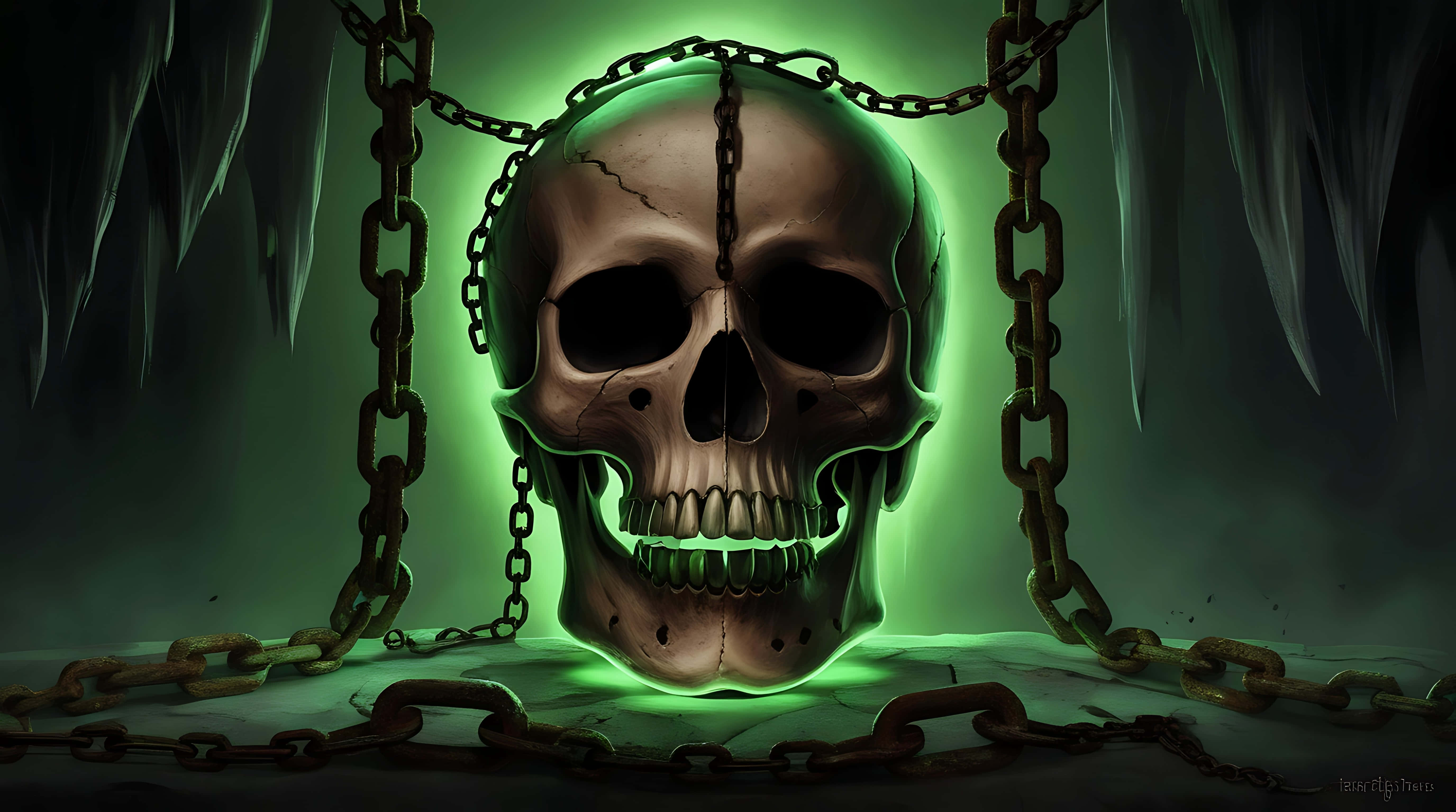 cursed skull, chains of darkness, dark cave, 5K Desktop Wallpaper