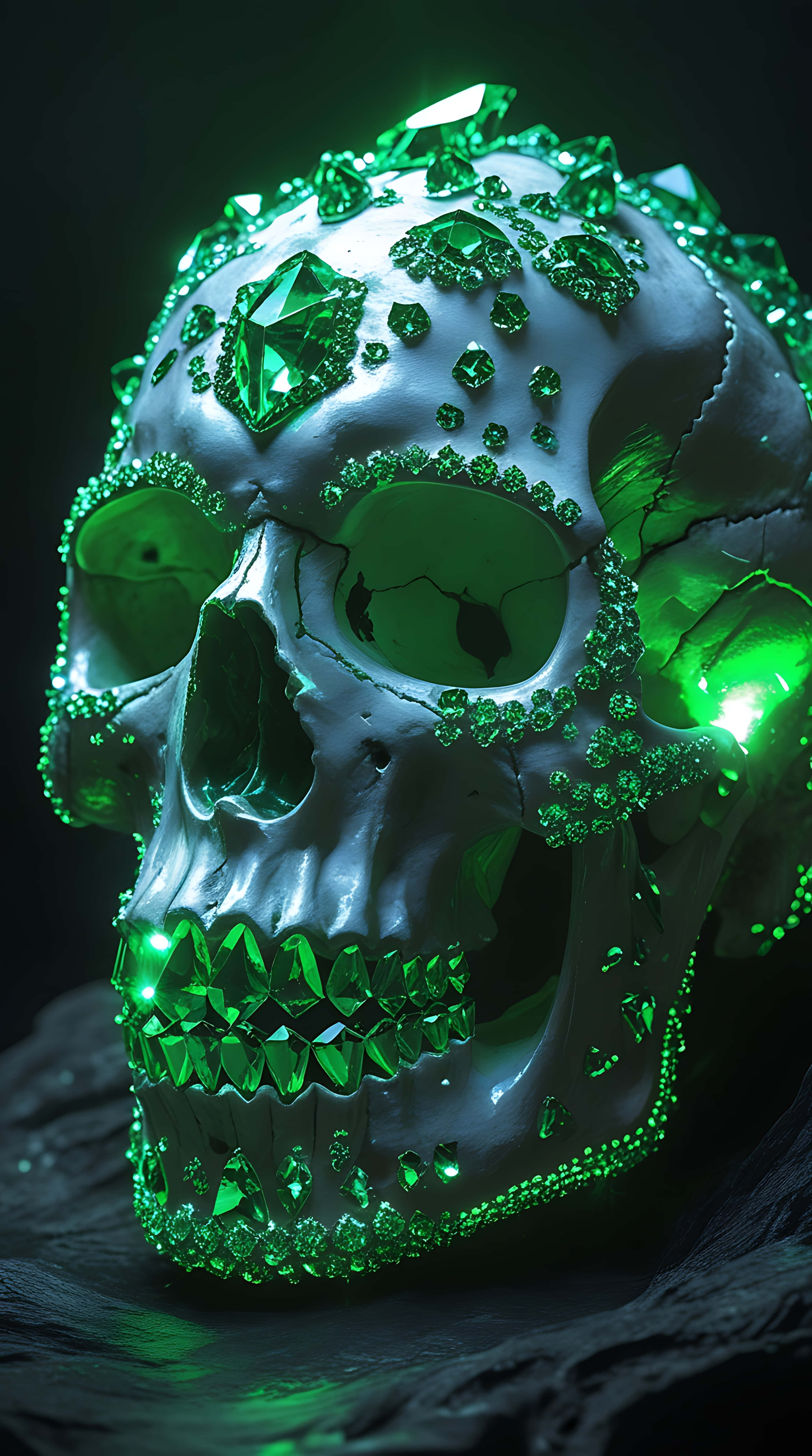 crystal-encrusted skull, enchanting green glow, gleaming white skull, 5K Phone Wallpaper