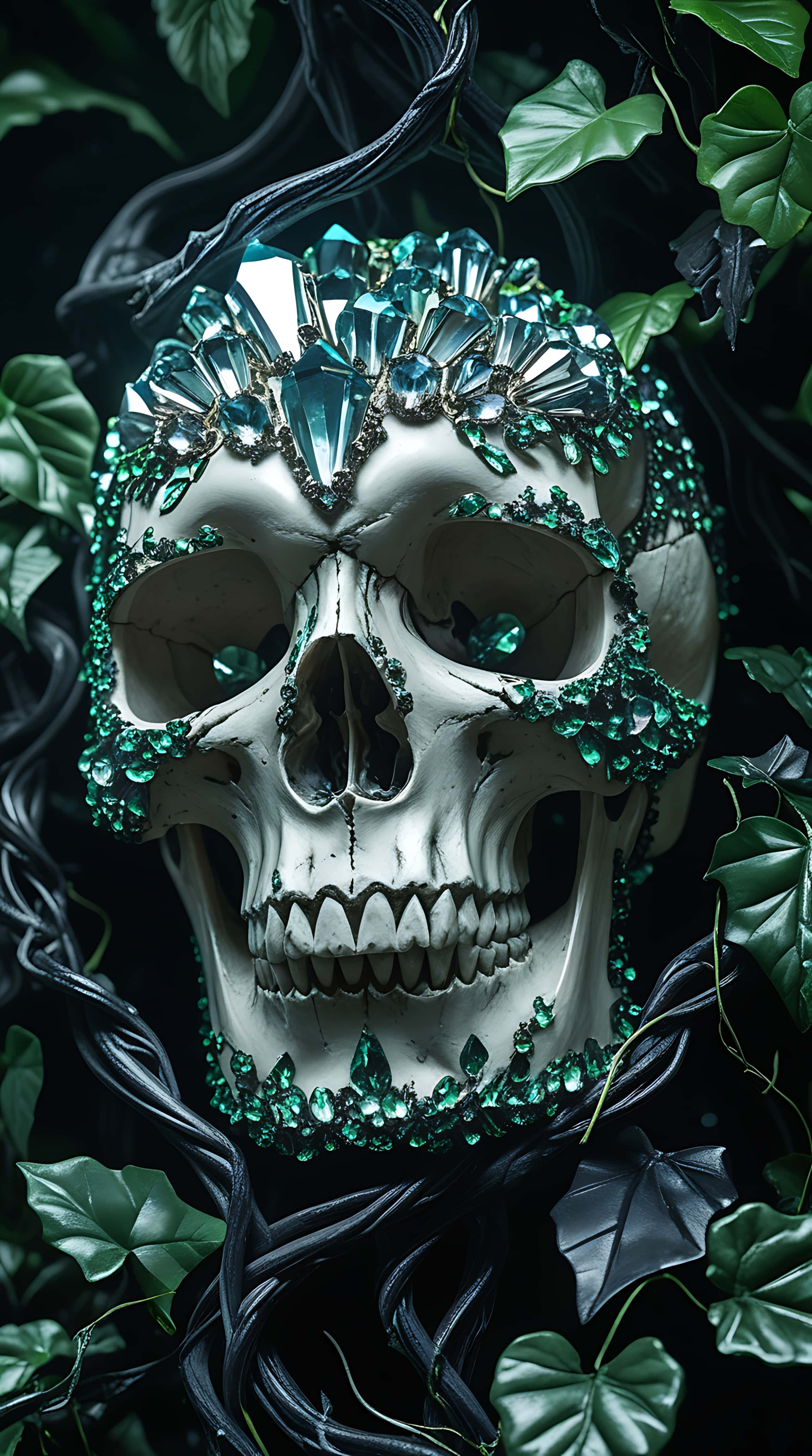 crystal-encrusted skull, twisting vines, teal crystals, 4K Phone Wallpaper