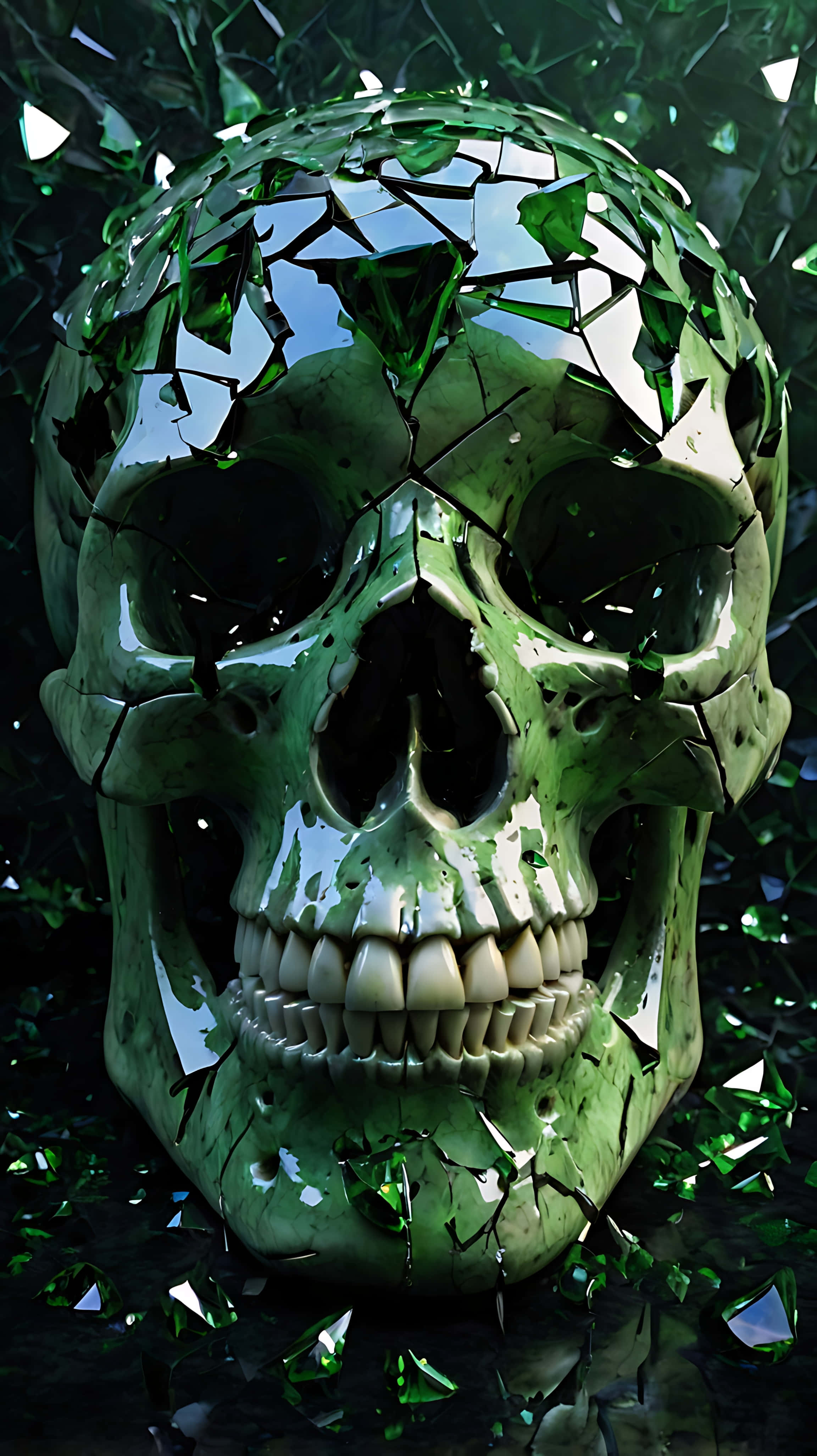 shattered skull, glossy green skull, crystalline fragments, 4K Phone Wallpaper