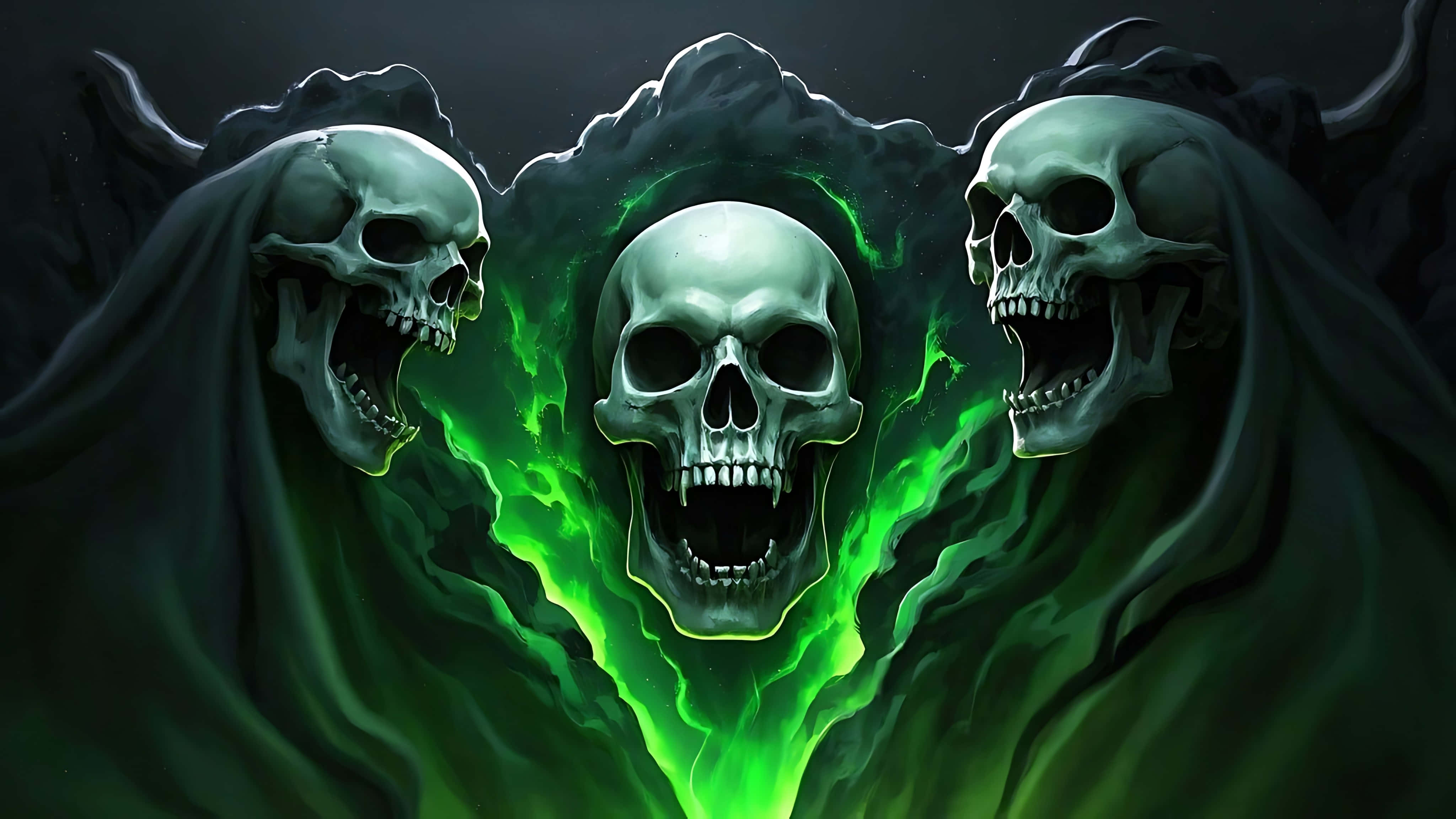 ghost infested skull, screaming shadows, skeletal figures, 4K Desktop Wallpaper