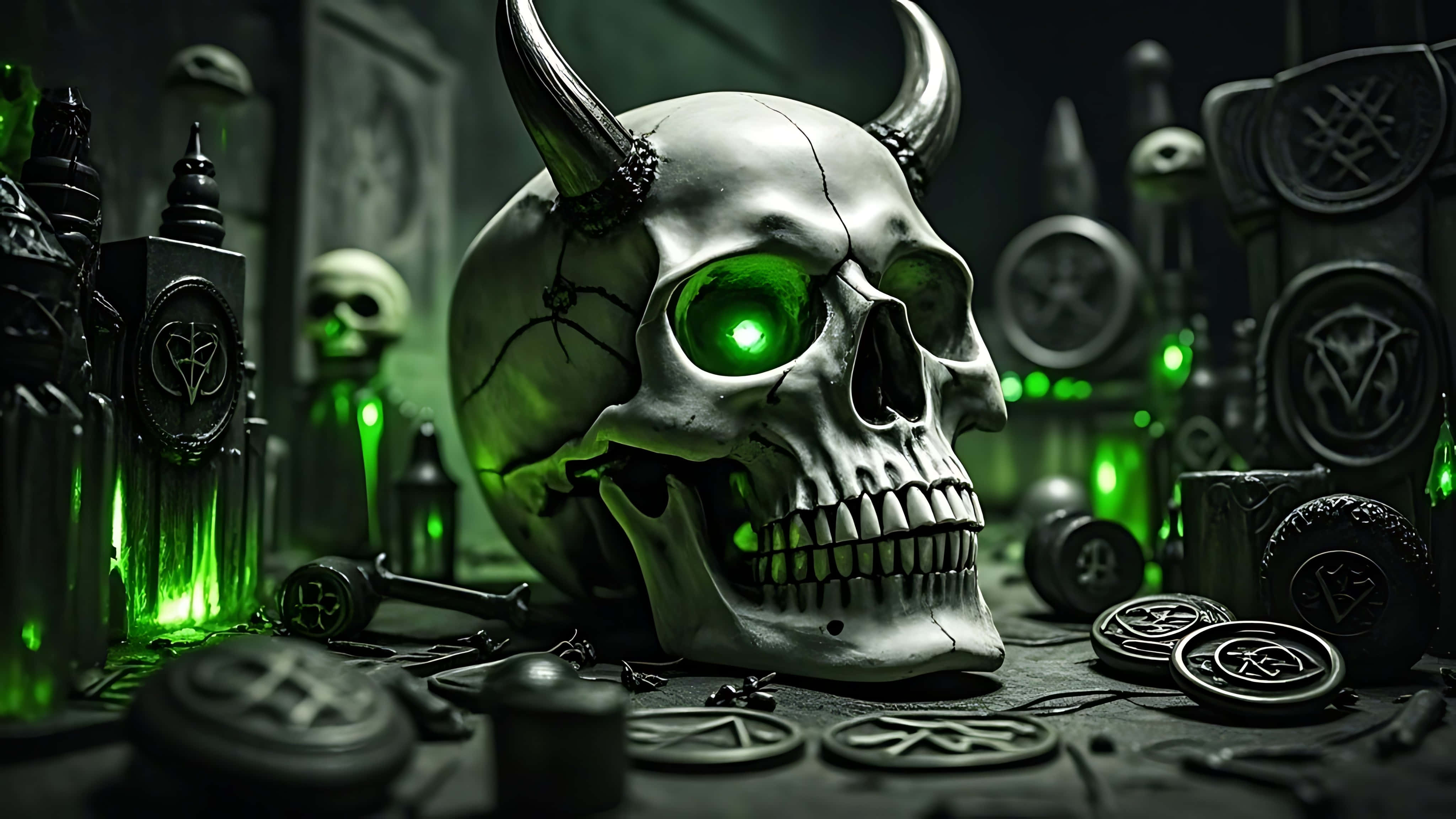demonic skull, glowing green eyes, horns, 4K Desktop Wallpaper