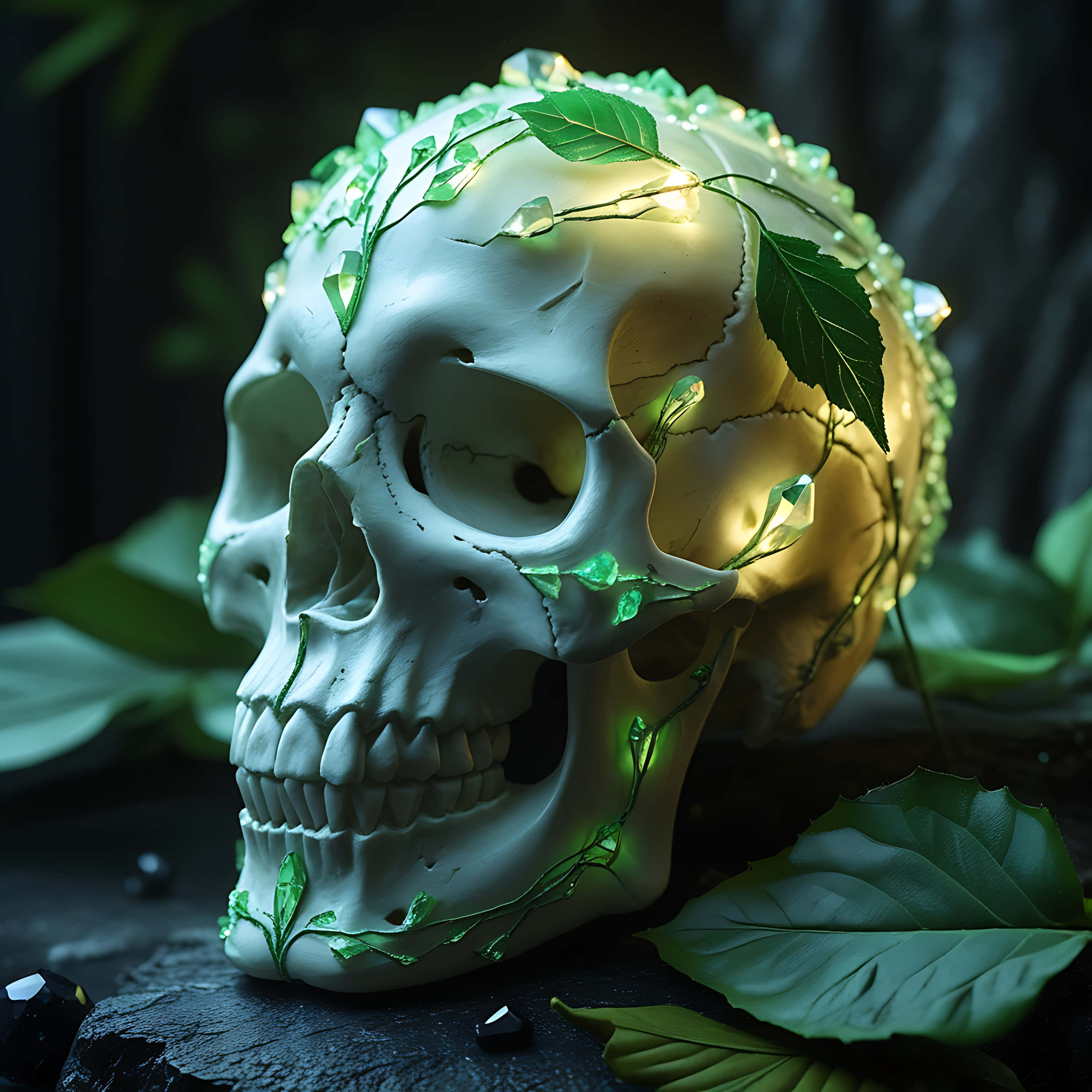 ethereal skull, glowing green vines, glowing crystal veins, 2K Desktop Wallpaper