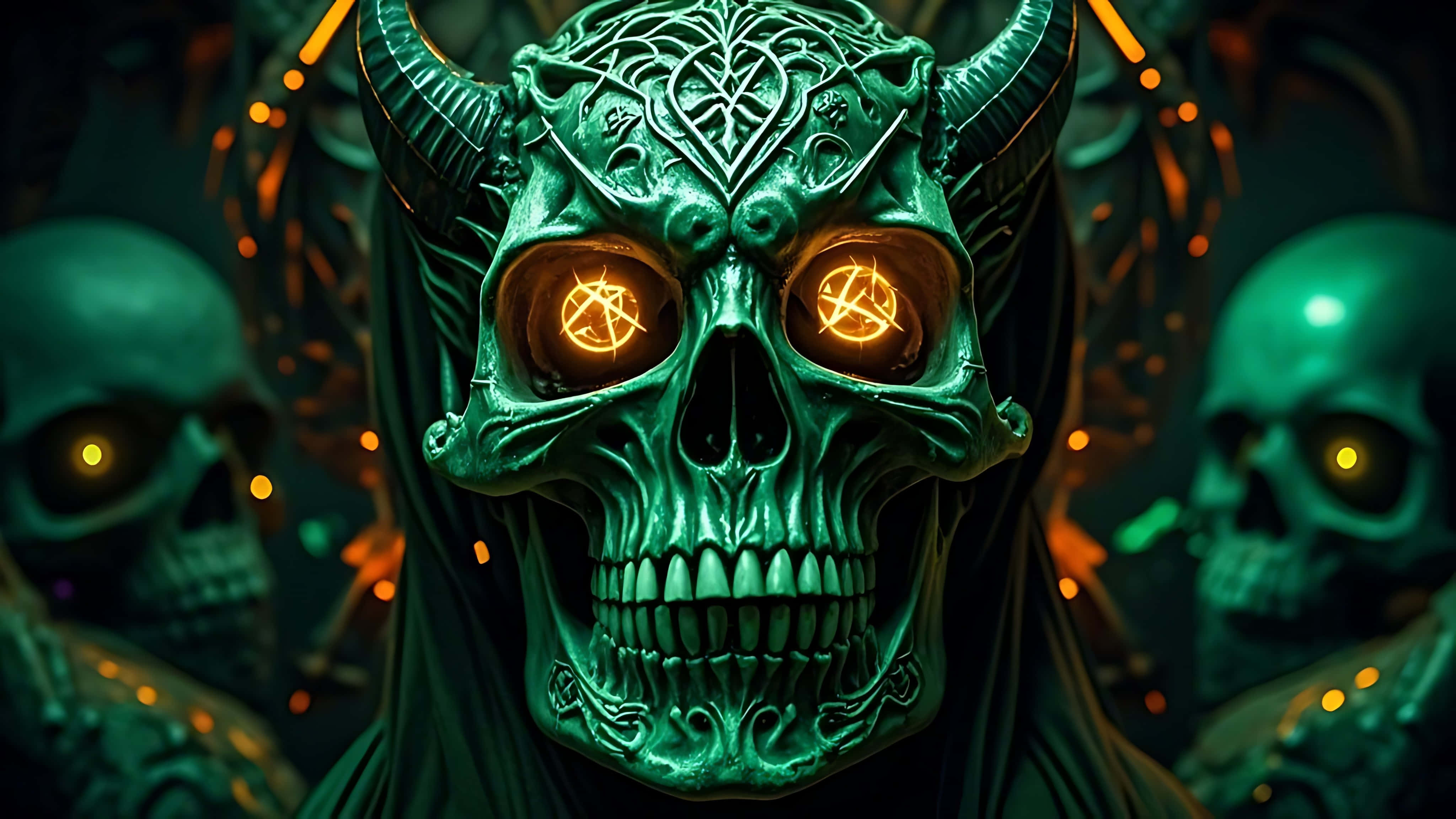 demonic skull, possessed aura, glowing pentagram eyes, 4K Desktop Wallpaper