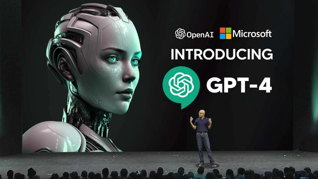 GPT-4, giant screen, futuristic robotic woman, HD Desktop Wallpaper