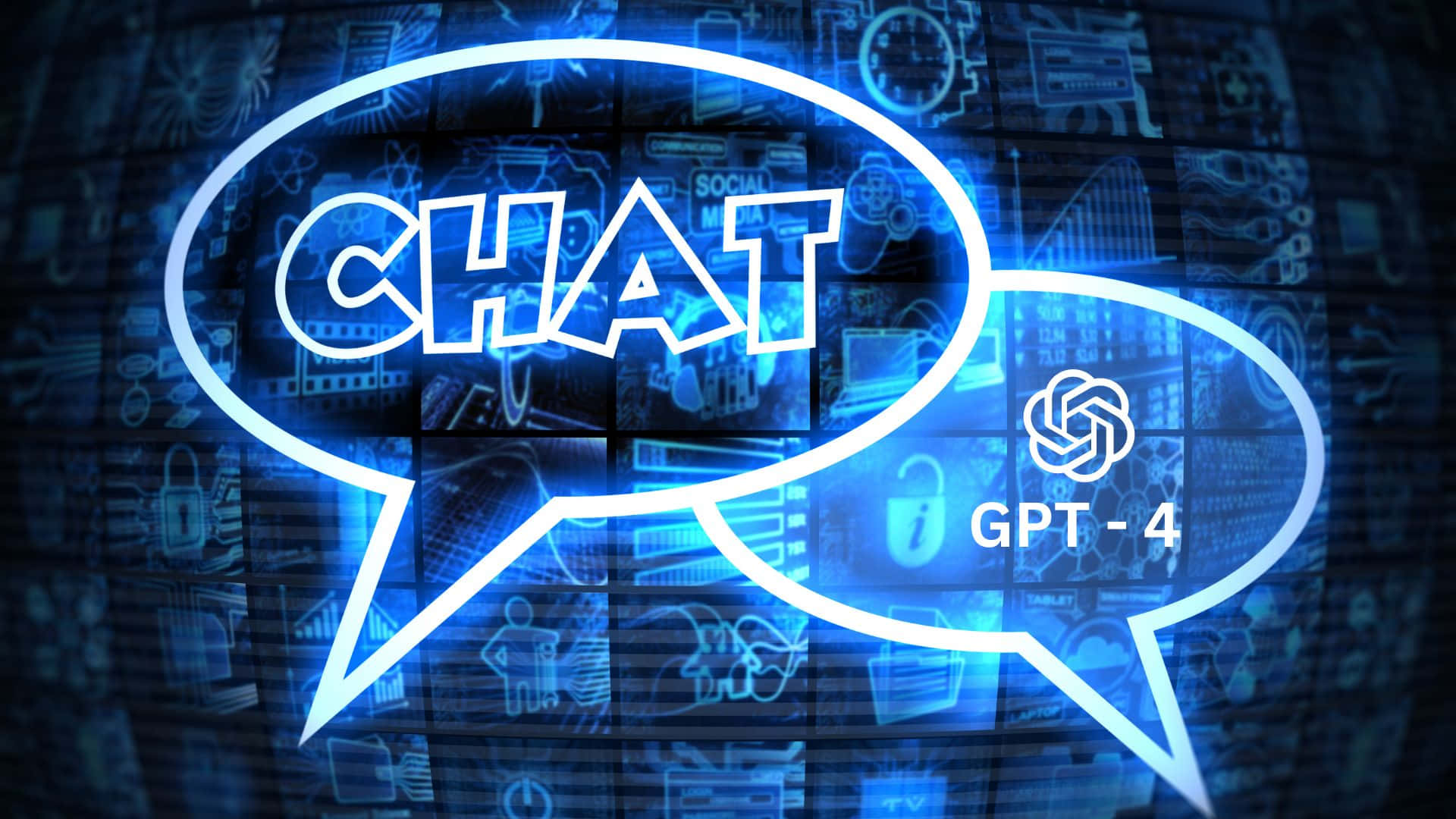 GPT-4, glowing blue speech bubbles, CHAT, Full HD Desktop Wallpaper