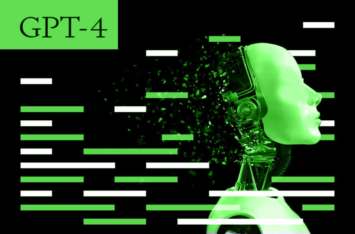 GPT-4, glowing green robotic head, mechanical internals, SD Desktop Wallpaper