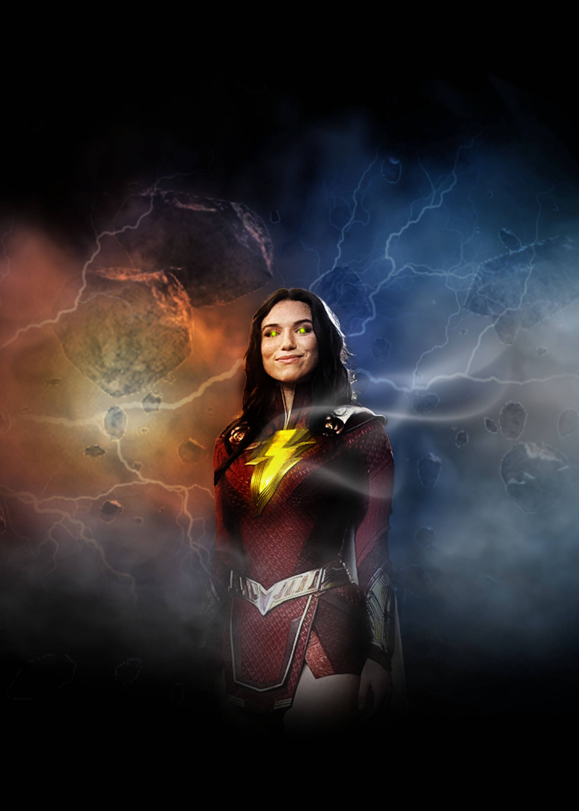 Grace Fulton, red and gold costume, cosmic backdrop, 2K Phone Wallpaper