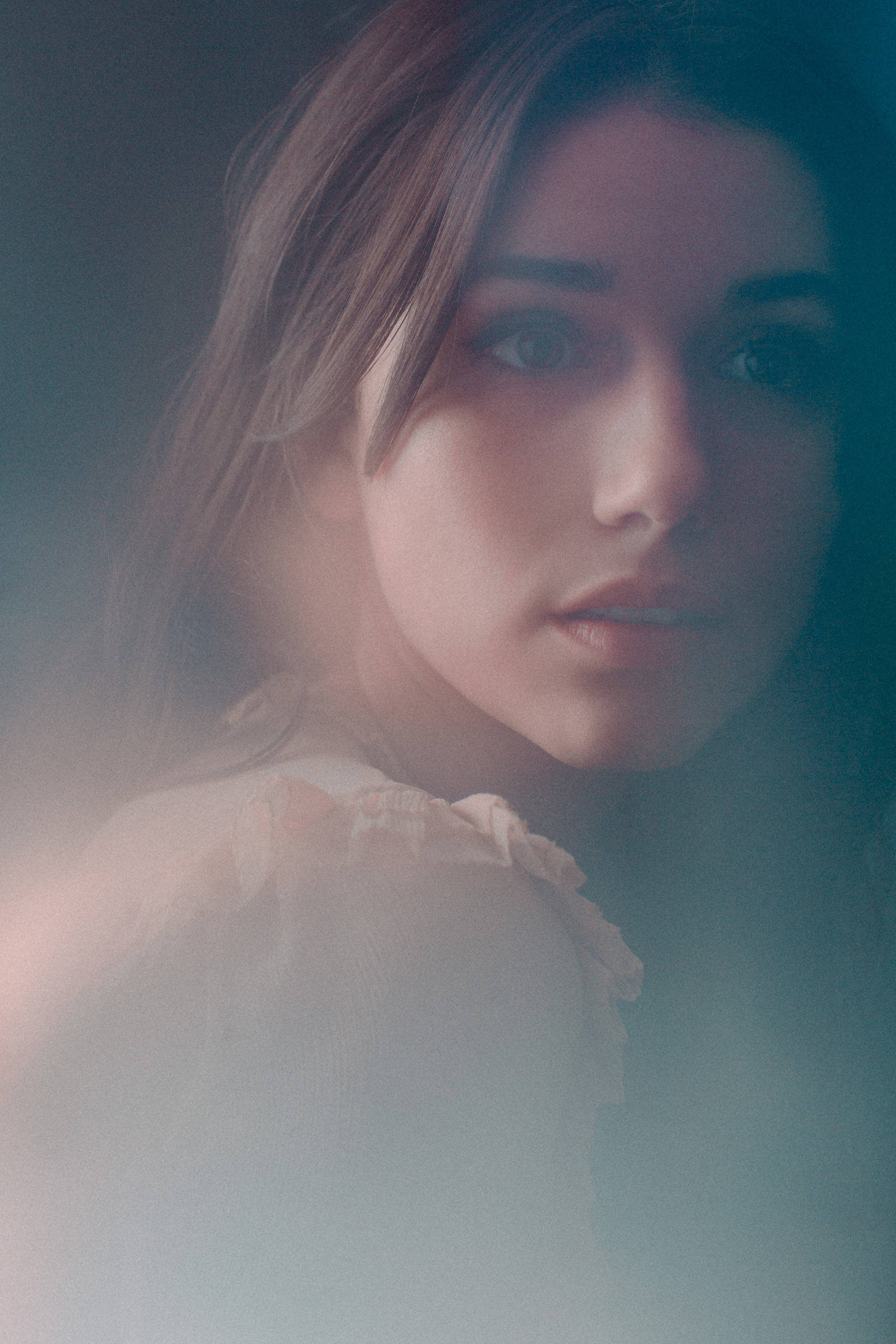 Grace Fulton, long brown hair, hazy blue and pink light, Full HD Phone Wallpaper