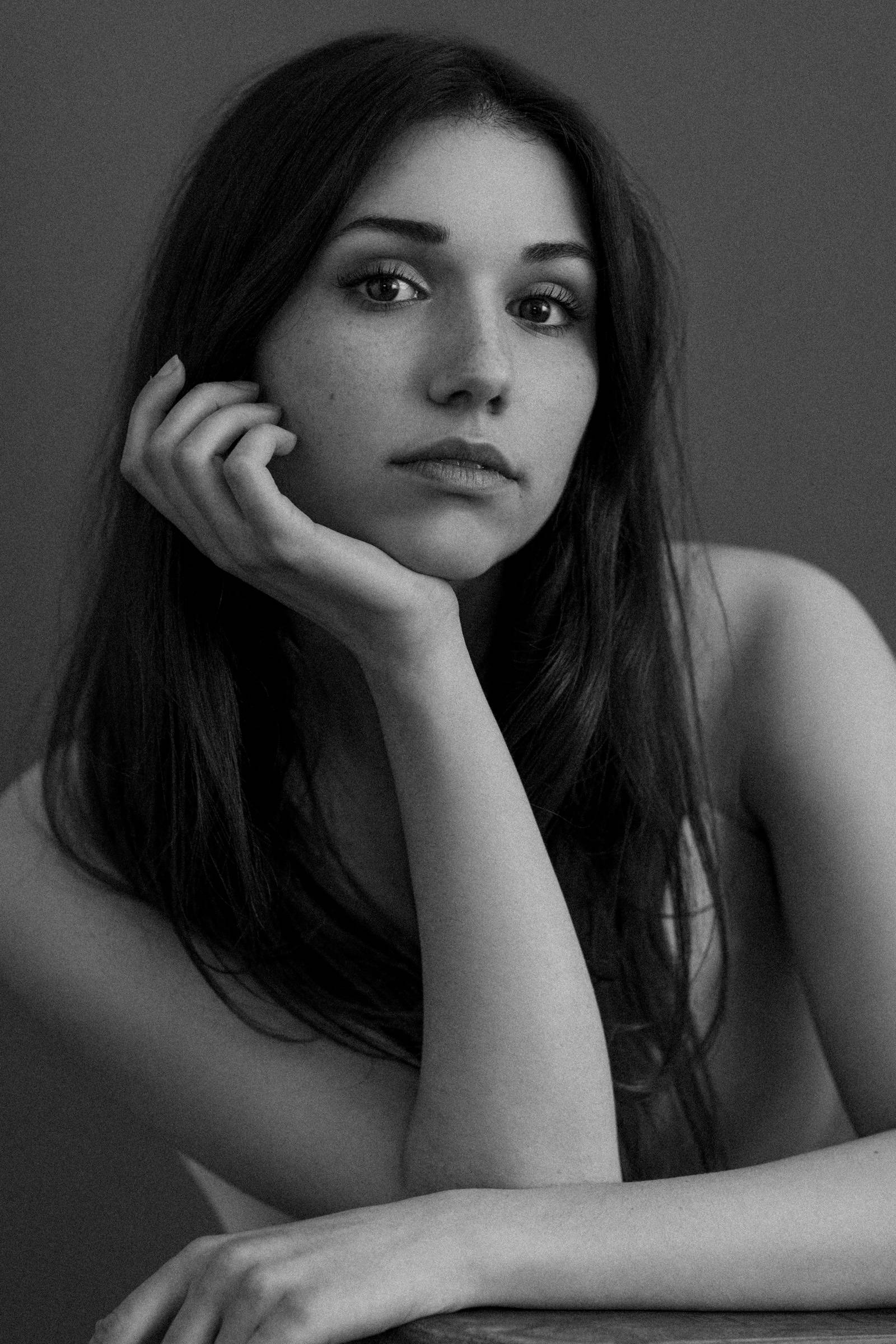 Grace Fulton, black and white portrait, long dark hair, Full HD Phone Wallpaper