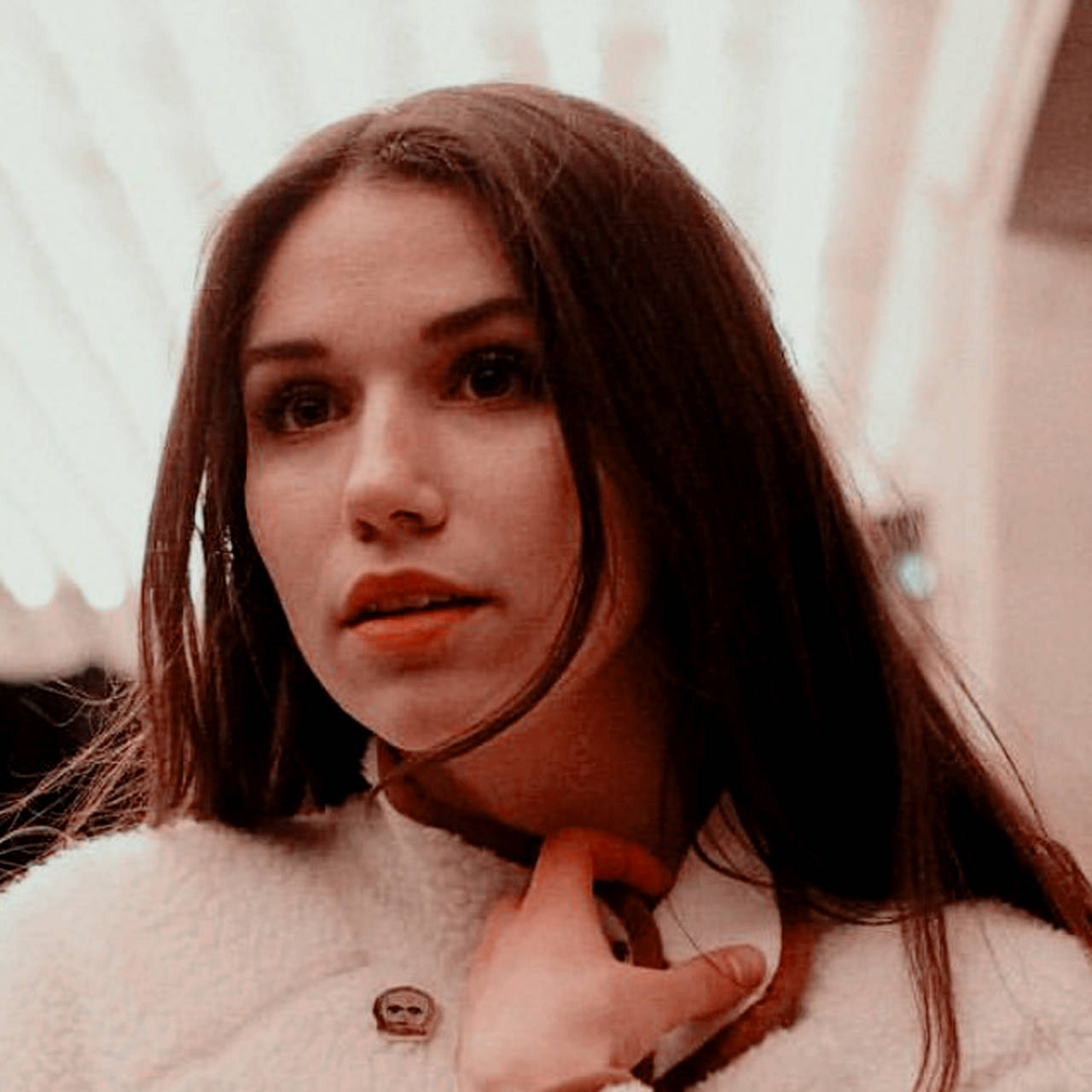 Grace Fulton, dark hair, orange lips, HD Desktop Wallpaper