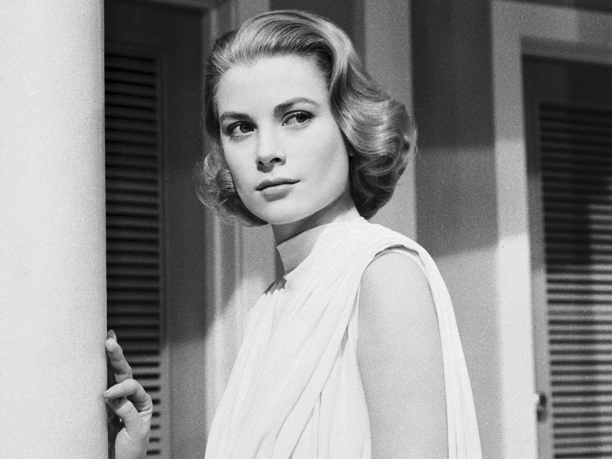 Grace Kelly, white dress, black and white portrait, Full HD Desktop Wallpaper