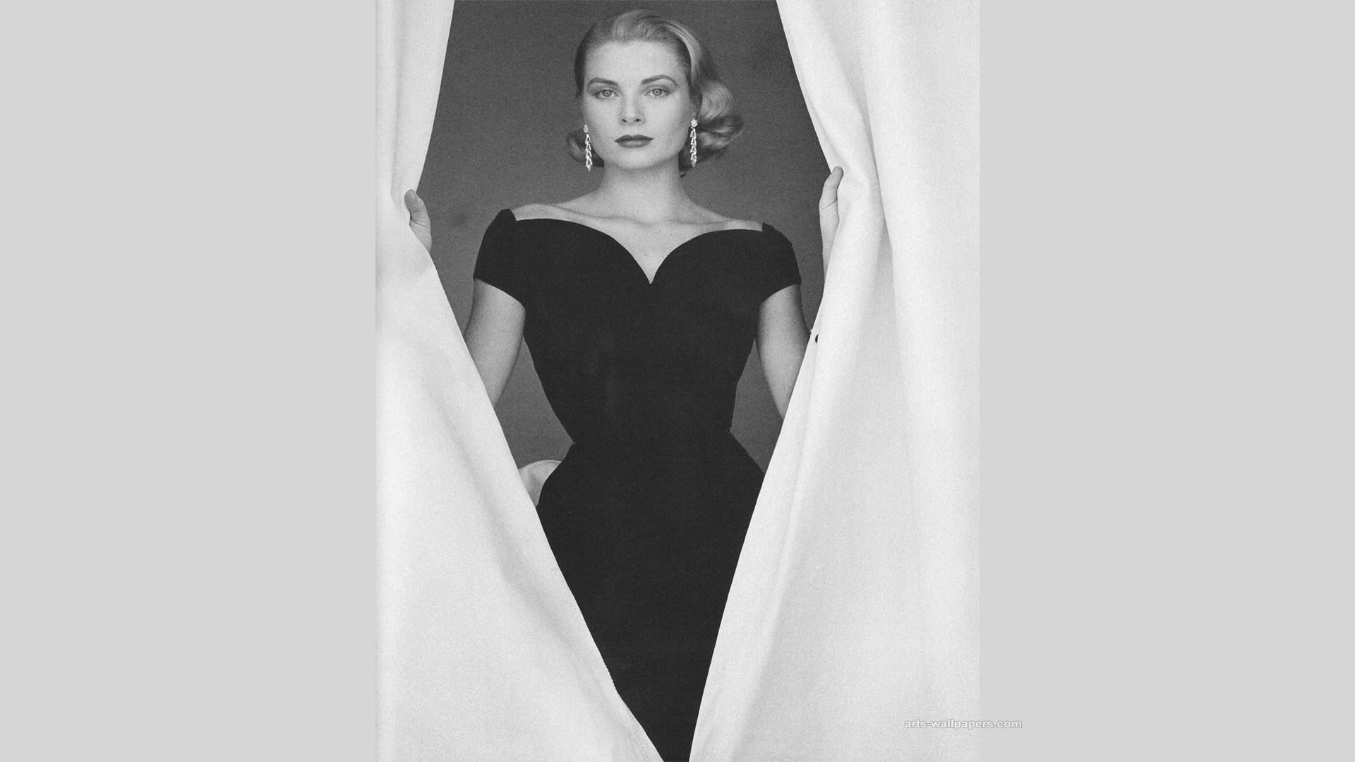 Grace Kelly, black off-shoulder gown, white curtains, Full HD Desktop Wallpaper