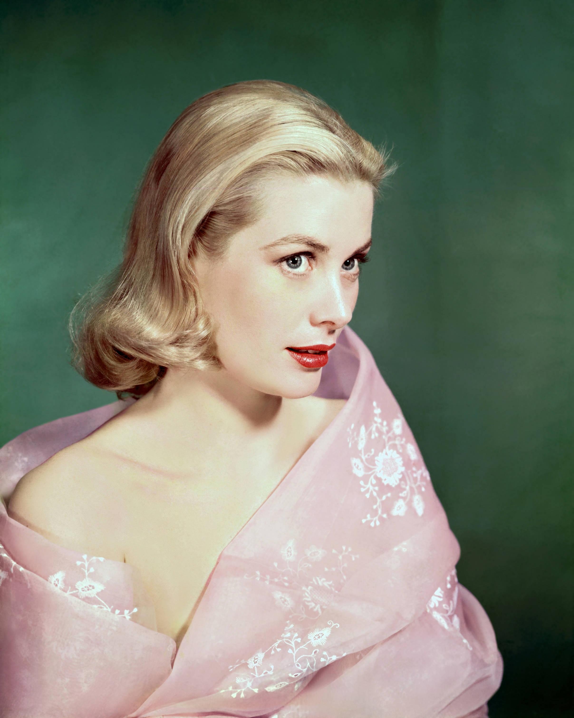 Grace Kelly, pink floral shawl, glamorous blonde woman, 2K Phone Wallpaper