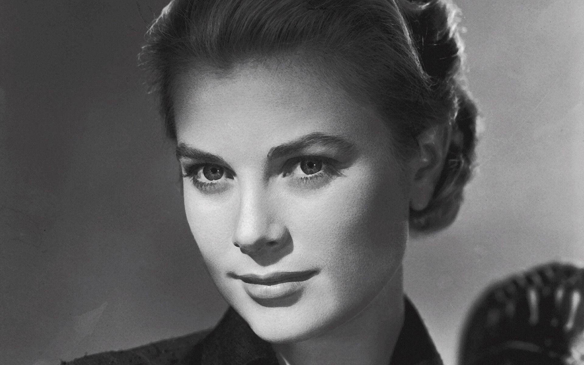 Grace Kelly, black and white portrait, styled hair, Full HD Desktop Wallpaper