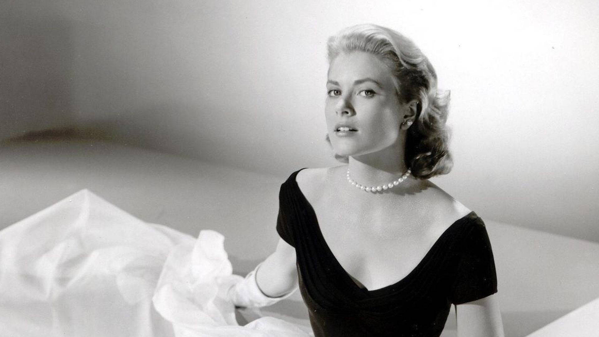Grace Kelly, black dress, pearl necklace, Full HD Desktop Wallpaper