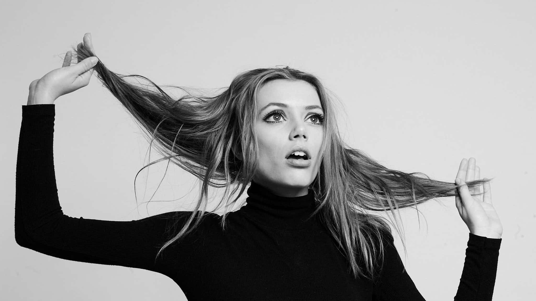 Grace Van Dien, black turtleneck, long hair, Full HD Desktop Wallpaper